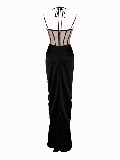 Rafi Black Satin Corset Sequin Wing Maxi Dress