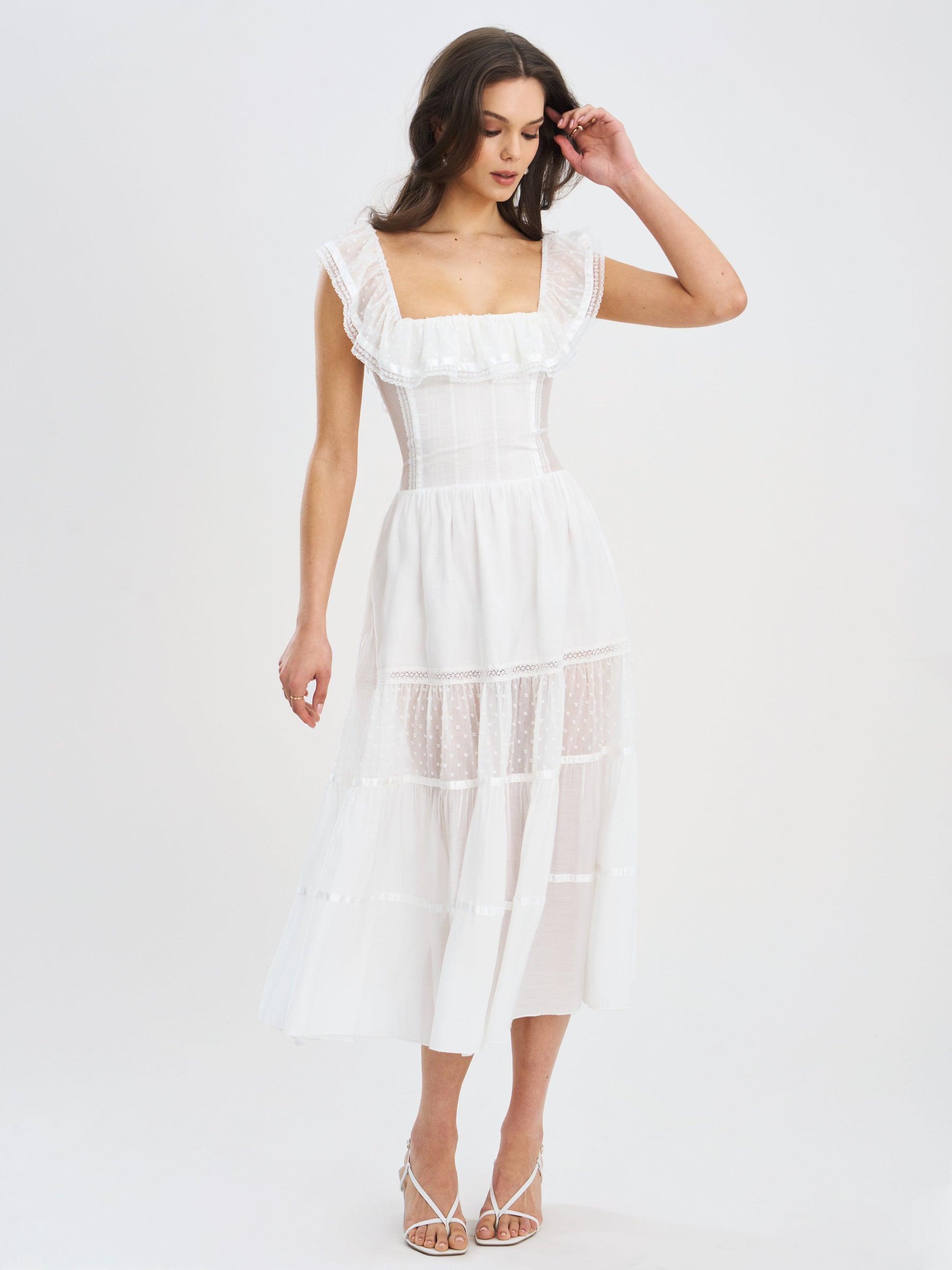Eden Square Neck Ruffle Trim High Waist Midi Dress - HOUSE OF SHE