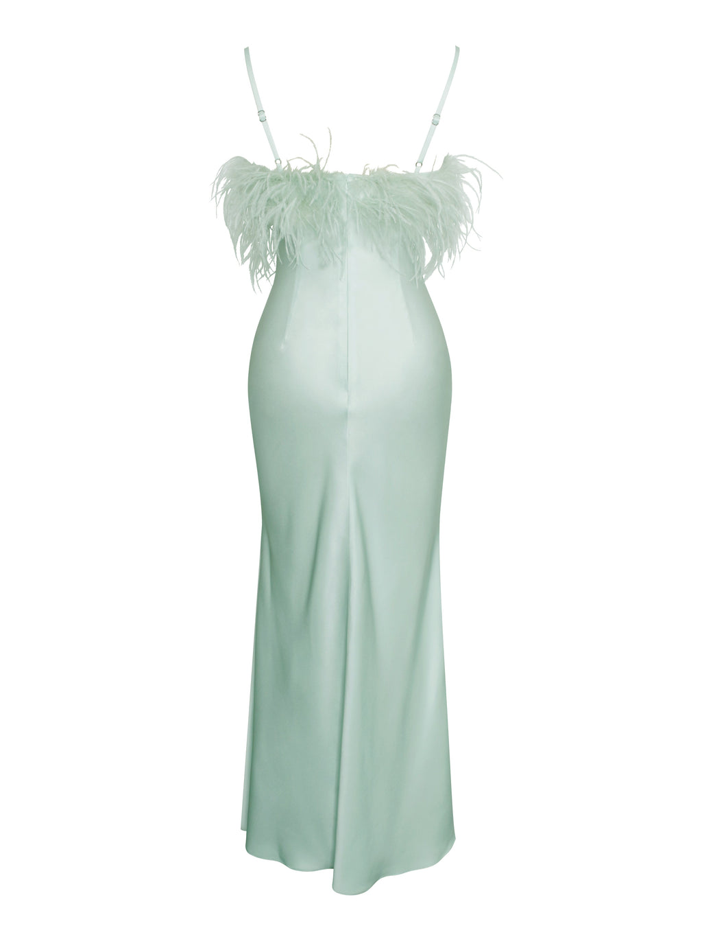 Yanira Mint Feather High Slit Satin Maxi Dress  HOUSE OF SHE