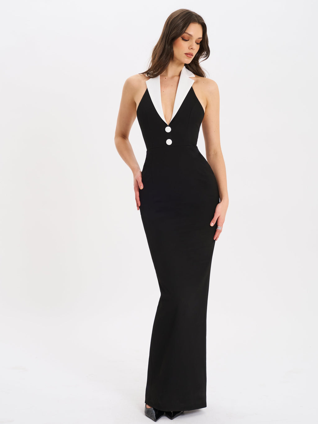 Raelyn Black and White Business Casual Maxi Dress - HOUSE OF SHE