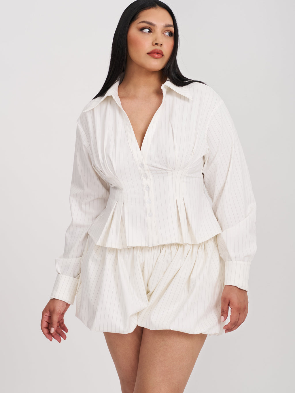 Sylvia White Pinstripe Deep V Pleated Shirt - HOUSE OF SHE