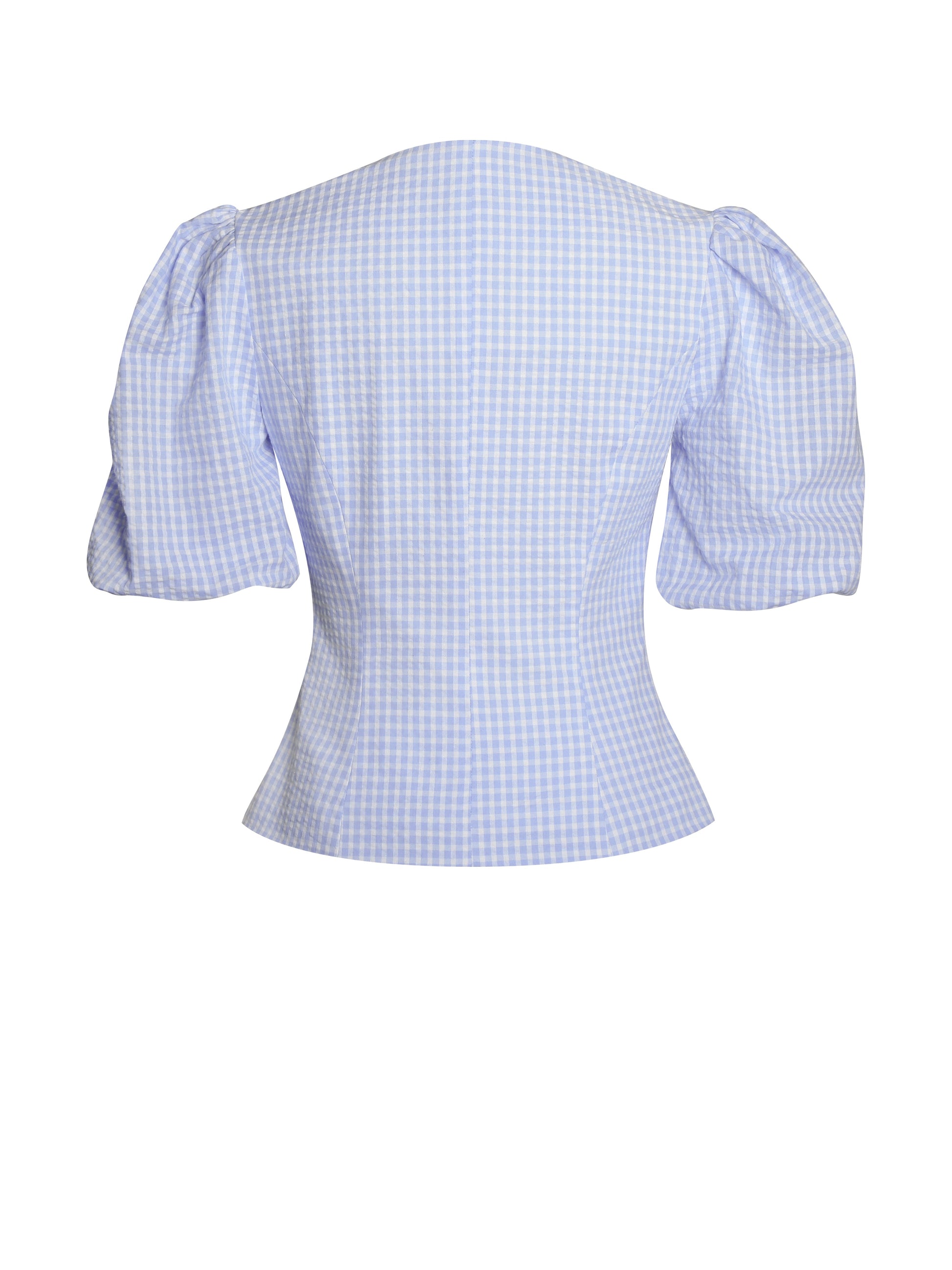 Qusayla Baby Blue Gingham Bubble Sleeve Bowtie Top - HOUSE OF SHE