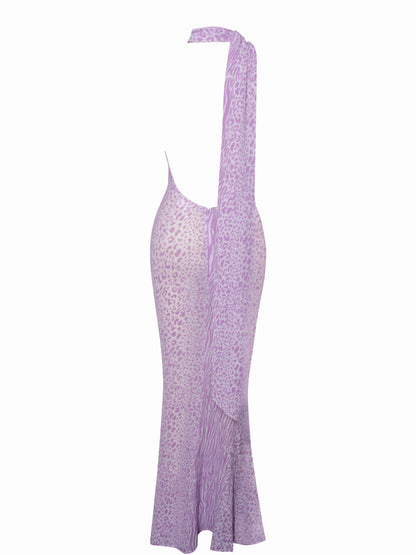 Olena Purple Velvet Animal Print Mesh Halter Maxi Dress