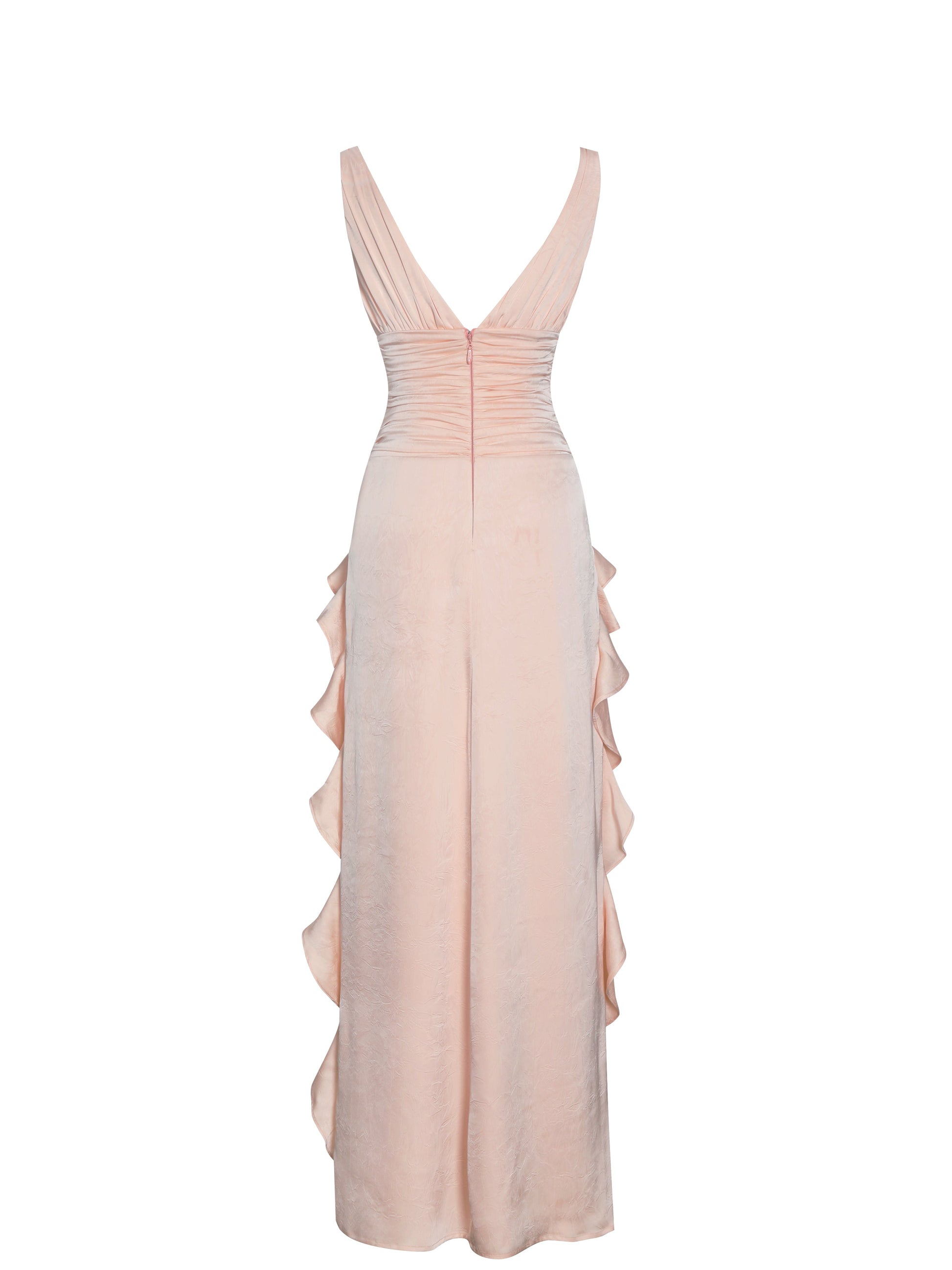Talyssa Baby Pink Ruched Waist Double High Slit Maxi Gown - HOUSE OF SHE