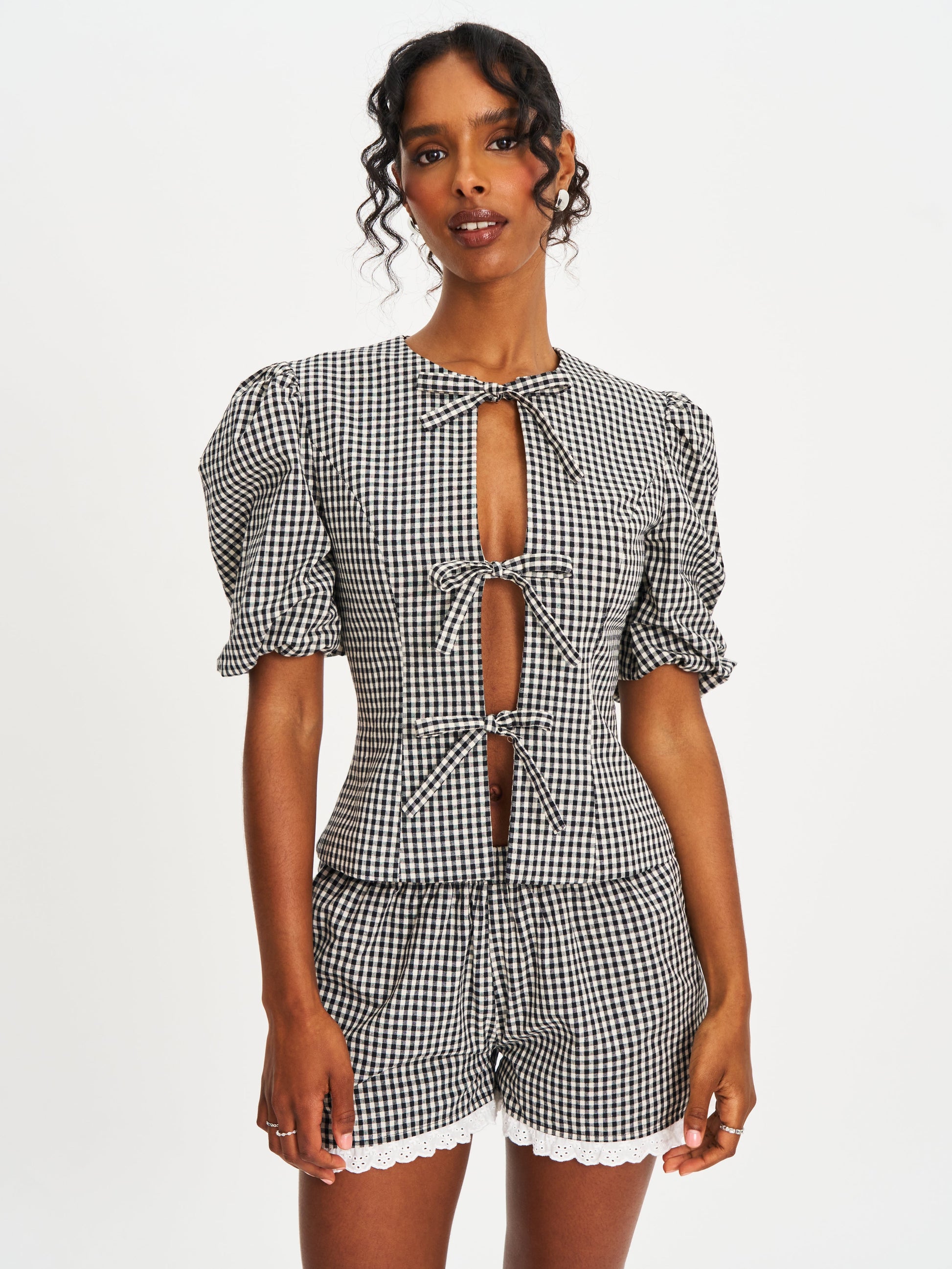 Qutayla Black Gingham Lace Trim Shorts - HOUSE OF SHE