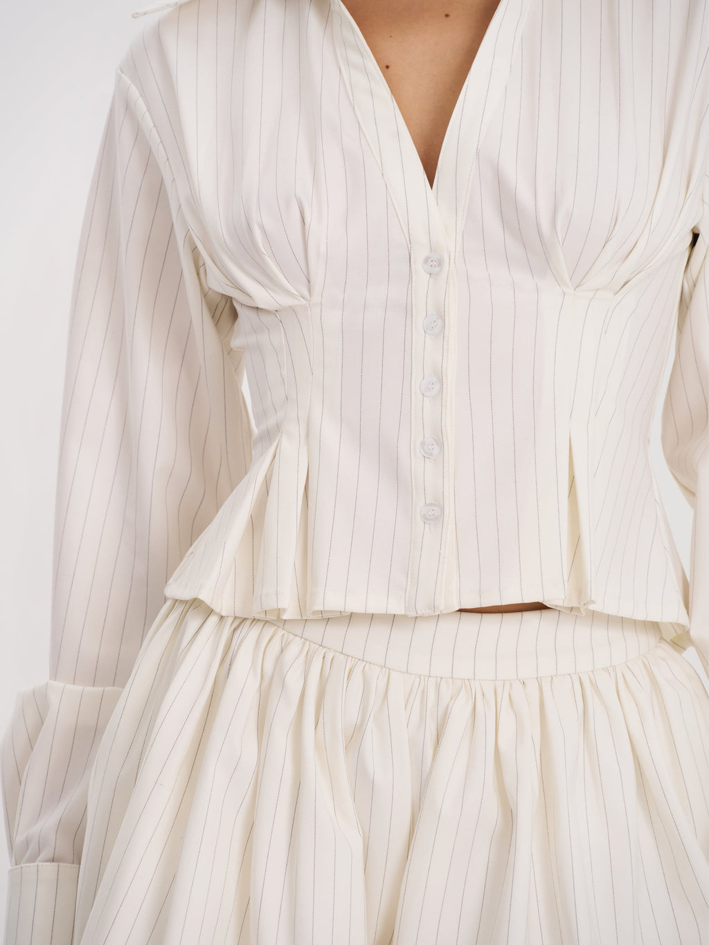 Sylvia White Pinstripe Deep V Pleated Shirt - HOUSE OF SHE