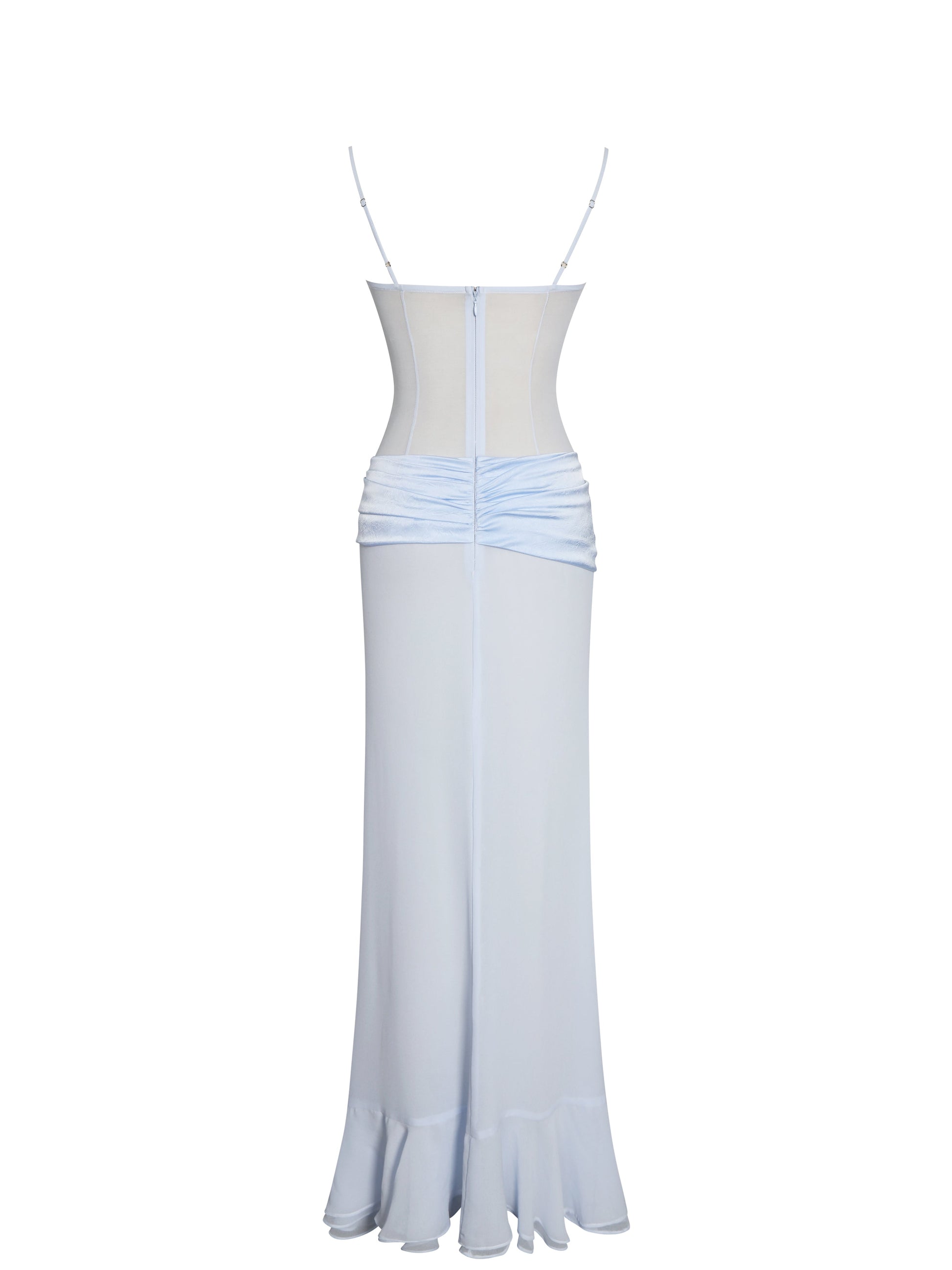 Lacy Blue Ruched Breast High Slit Chiffon Dress - HOUSE OF SHE
