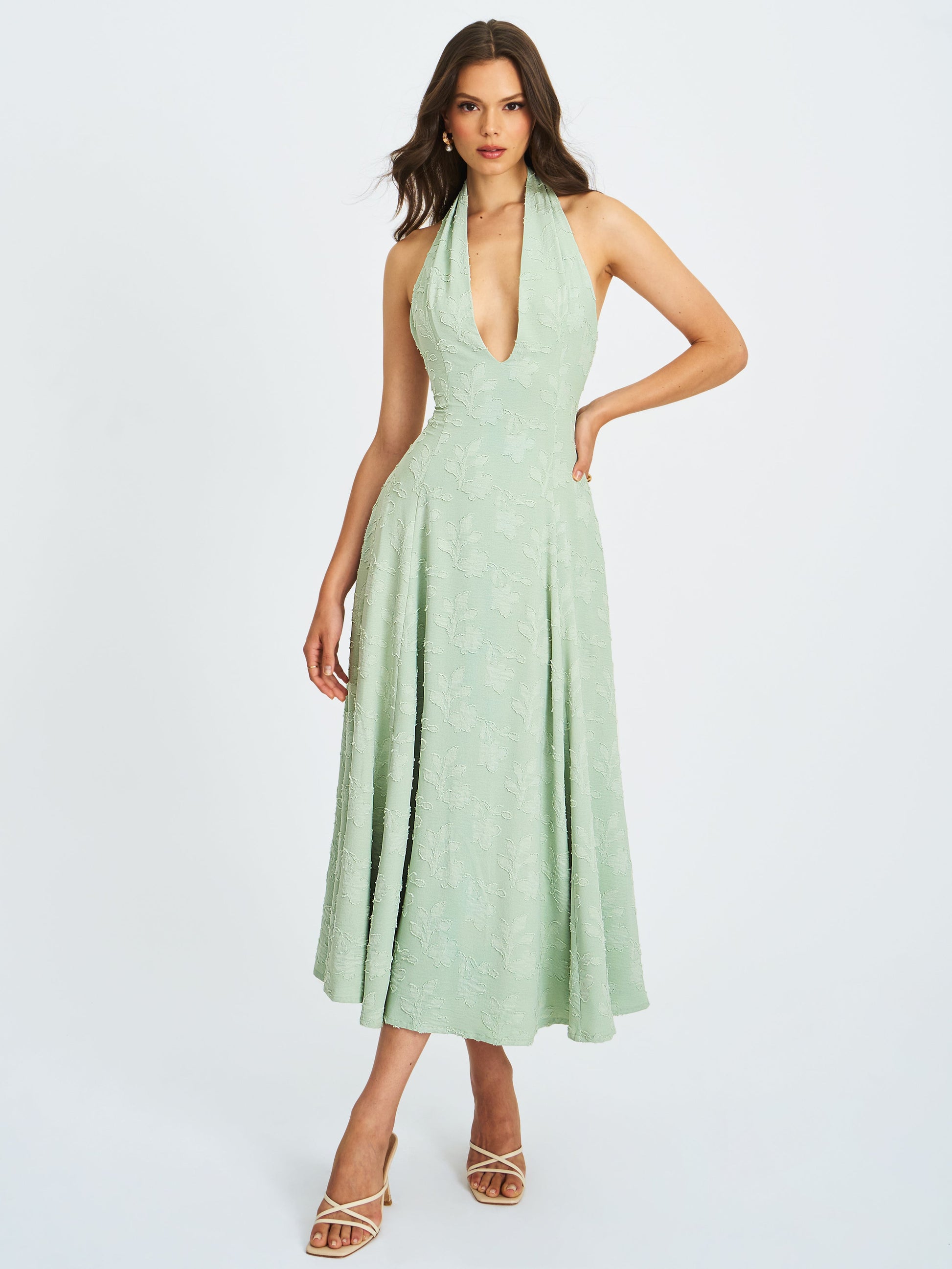 Magda Mint Green Deep V Neck Halter A-line Midi Dress - HOUSE OF SHE
