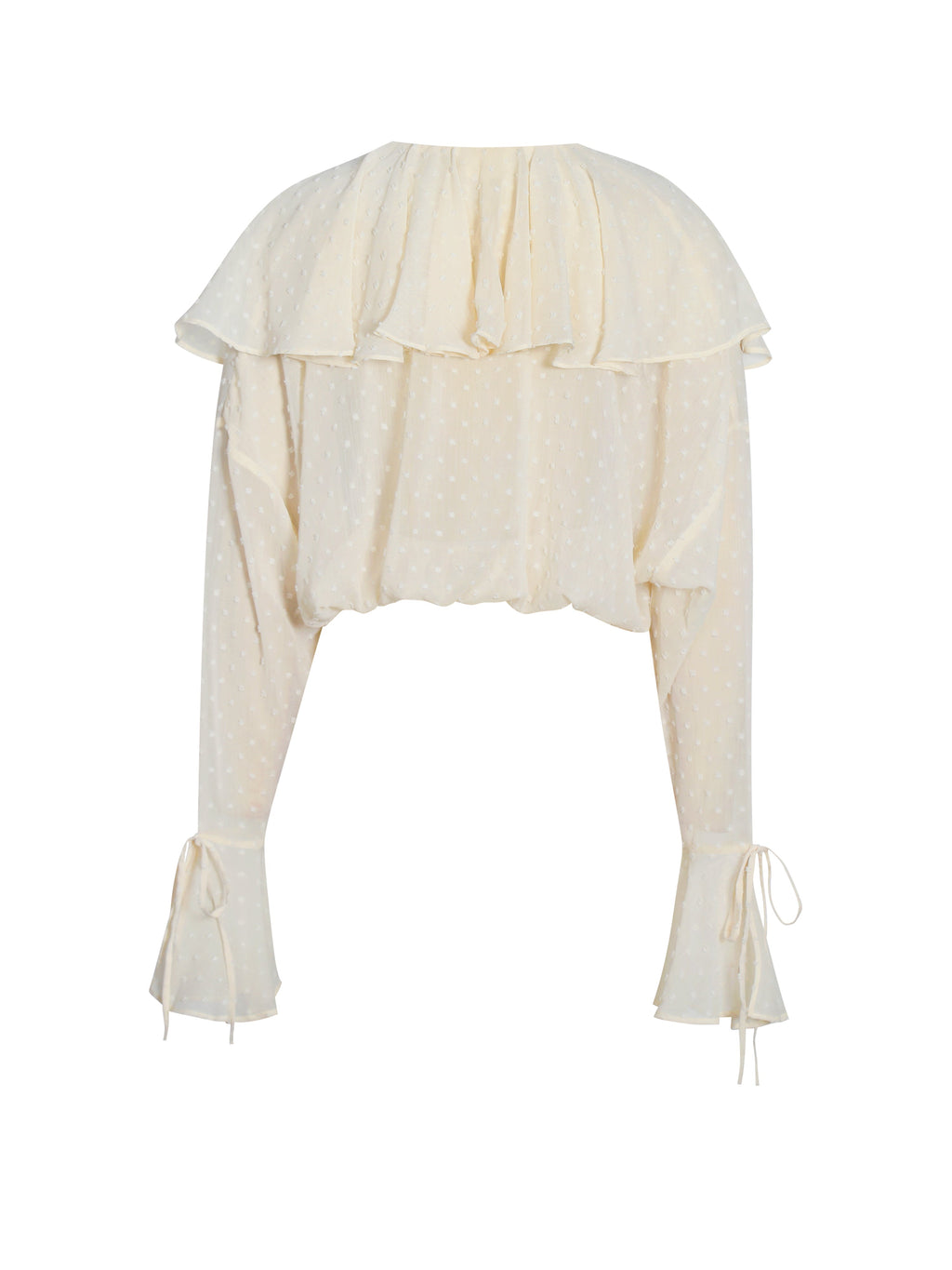 Magali Beige Dotted Mesh Ruffle V Collar Top - HOUSE OF SHE