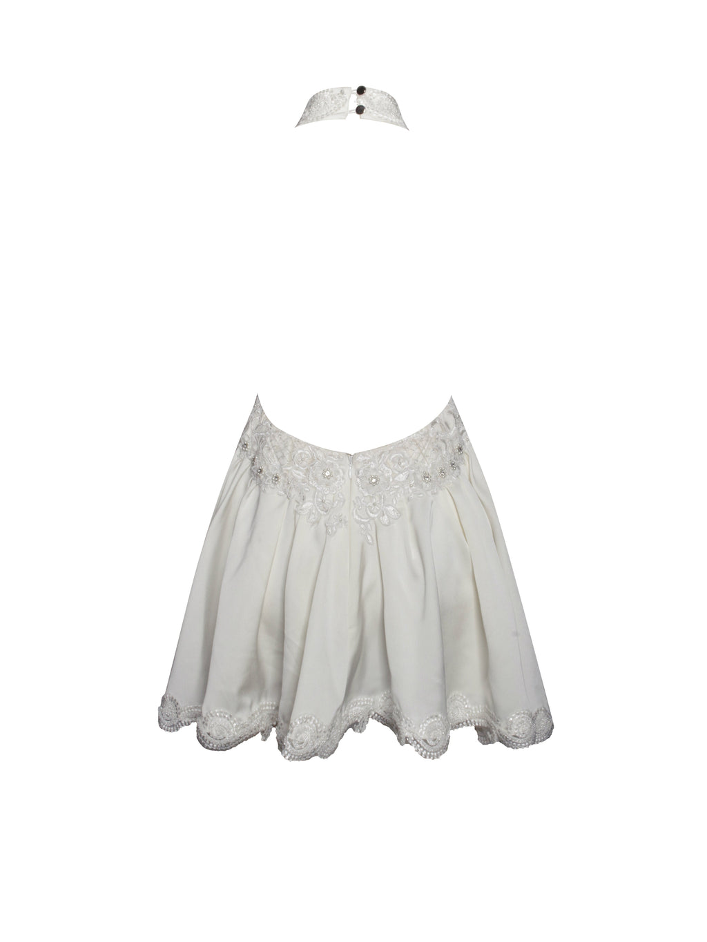 Idalia Pearl White Beaded Lace Trim Backless Halter Mini Dress - HOUSE OF SHE