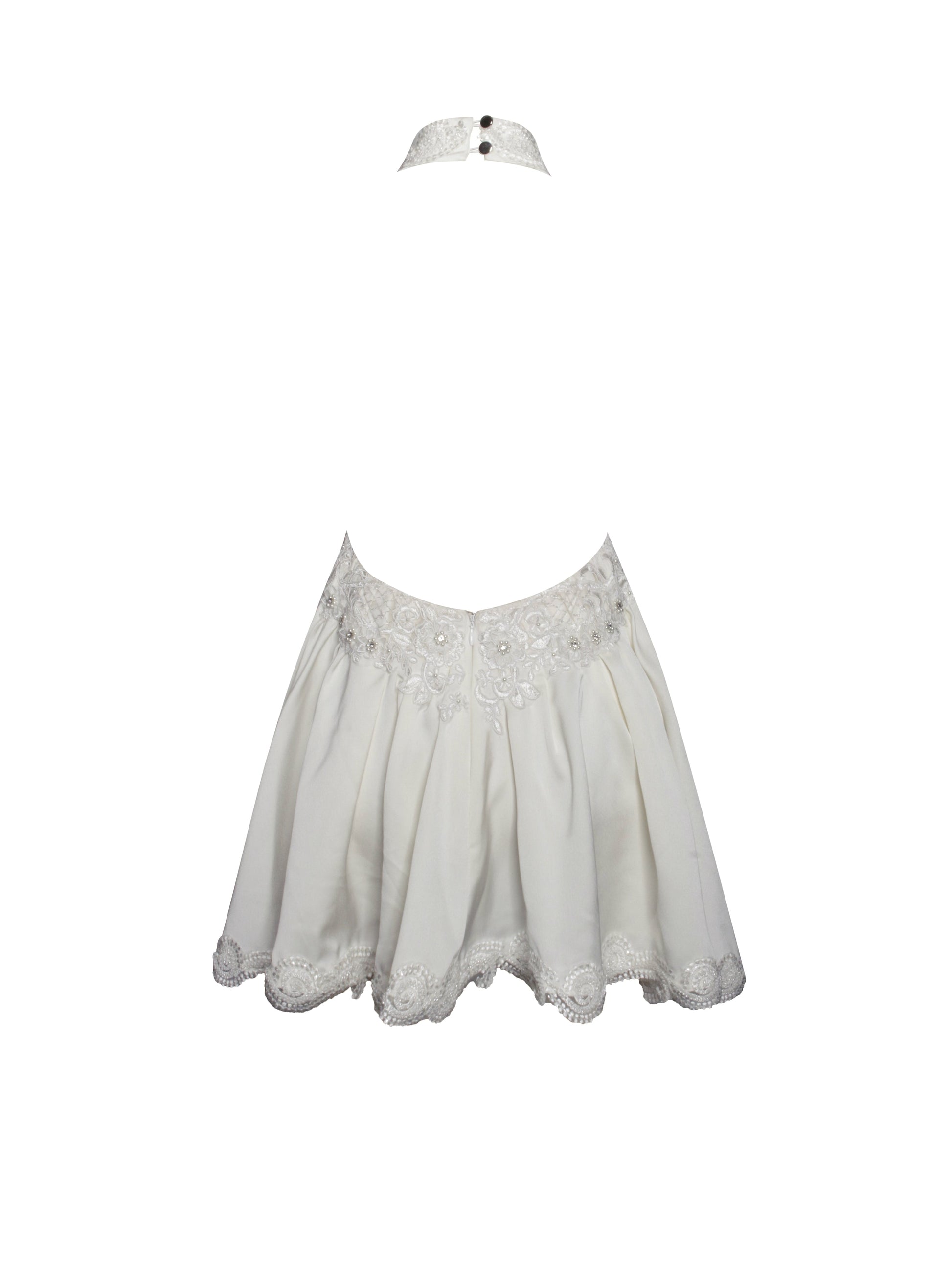 Idalia Pearl White Beaded Lace Trim Backless Halter Mini Dress - HOUSE OF SHE