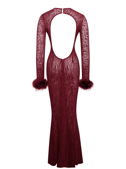 Patricia Burgundy Leopard Burnout Velvet Mesh Backless Maxi Dress