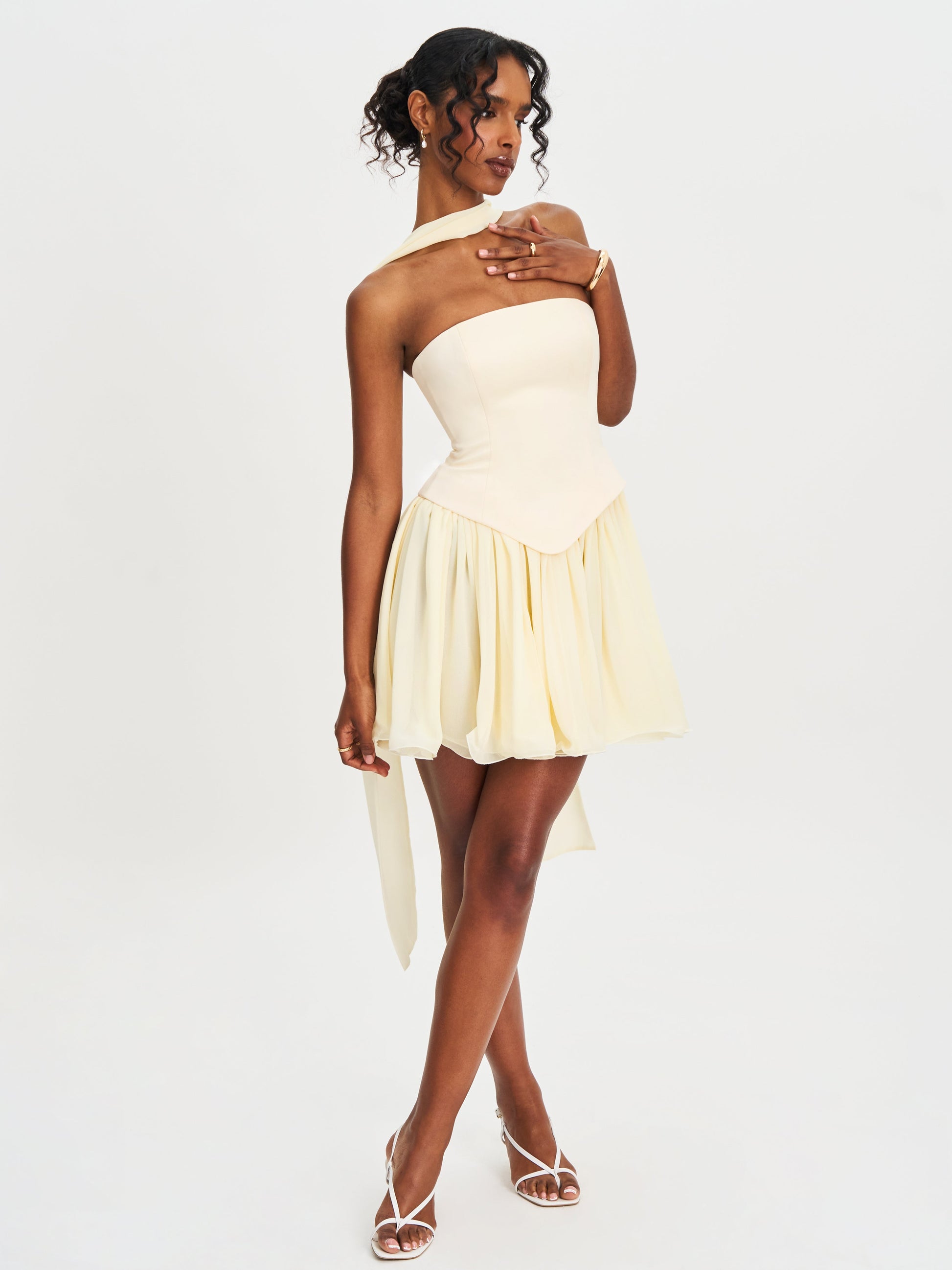 Valentina Butter Yellow Boned Curve Edge Peplum Mini Dress - HOUSE OF SHE