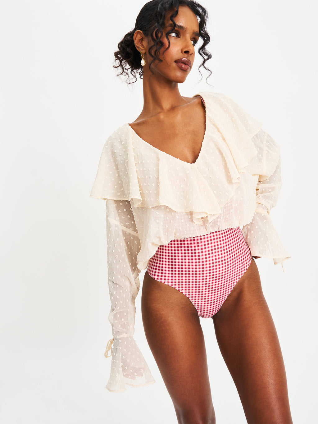 Magali Beige Dotted Mesh Ruffle V Collar Top - HOUSE OF SHE