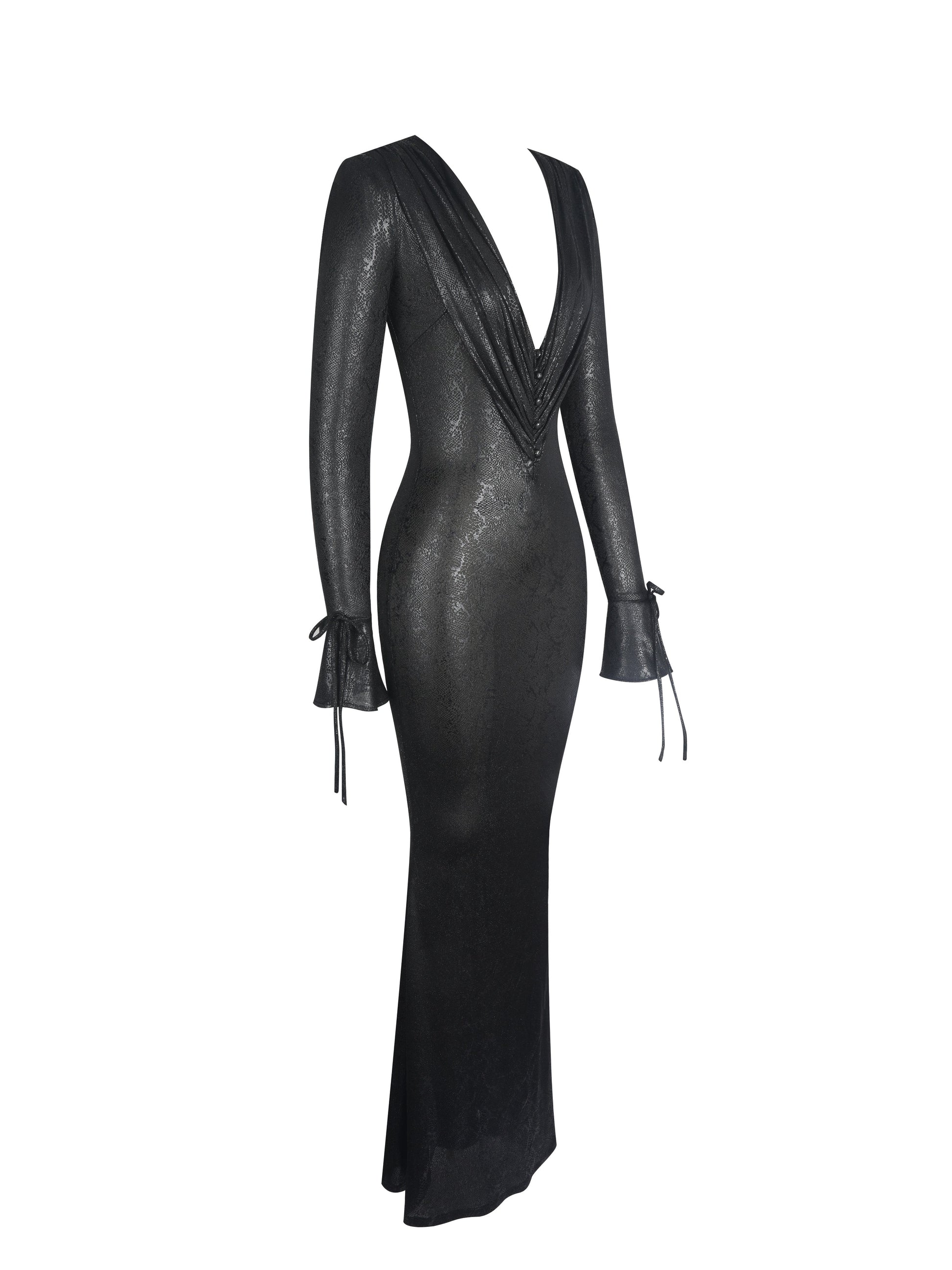 Ilysia Black V-Neck Plunge Snakeskin Mermaid Hem Maxi Dress