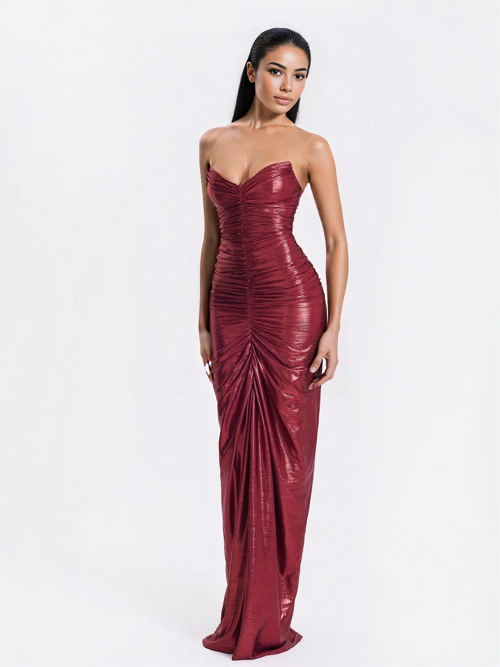 Sable Ruched Burgundy Glitter Mermaid Gown - HOUSE OF SHE