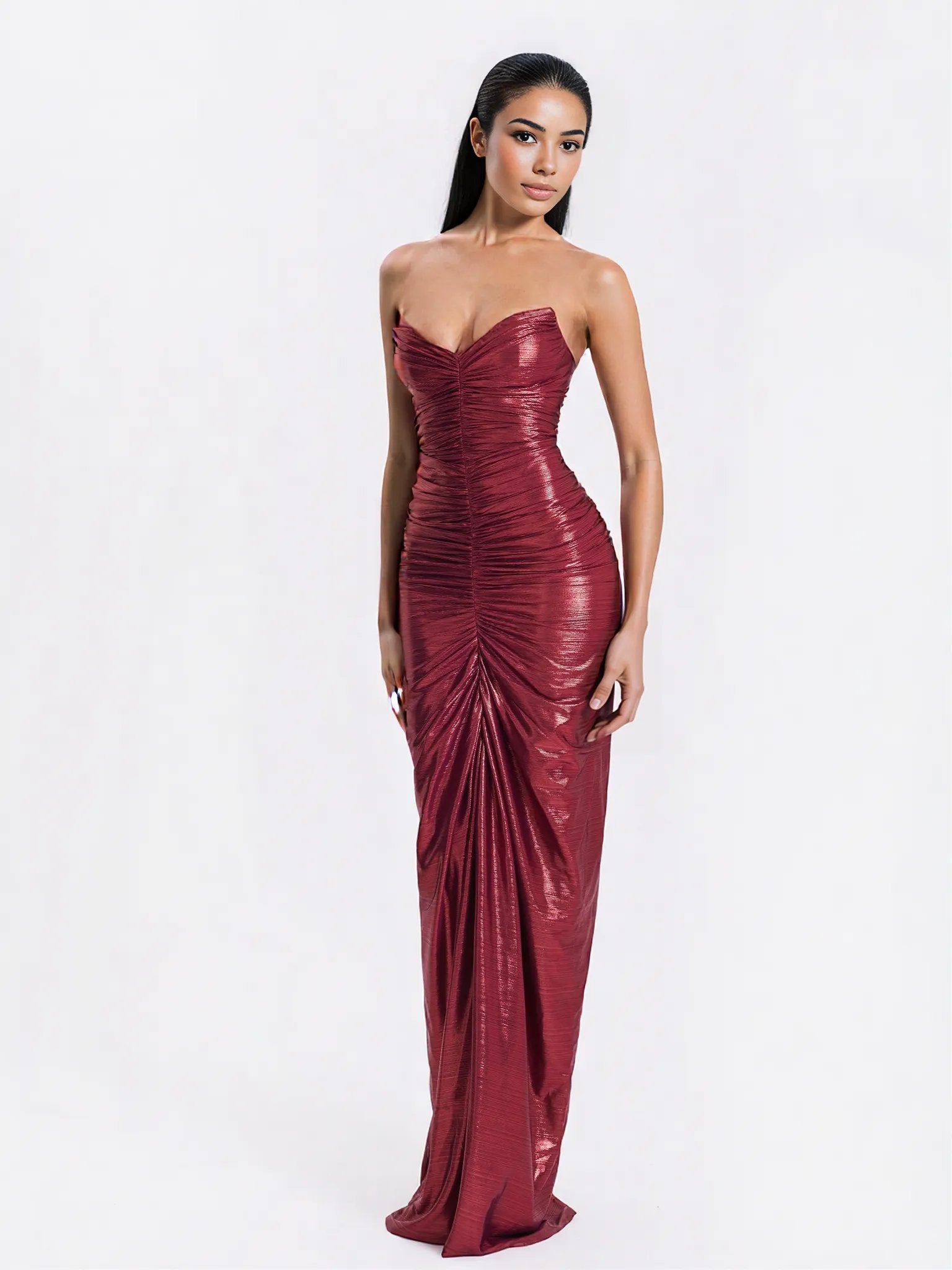 Sable Ruched Burgundy Glitter Mermaid Gown - HOUSE OF SHE