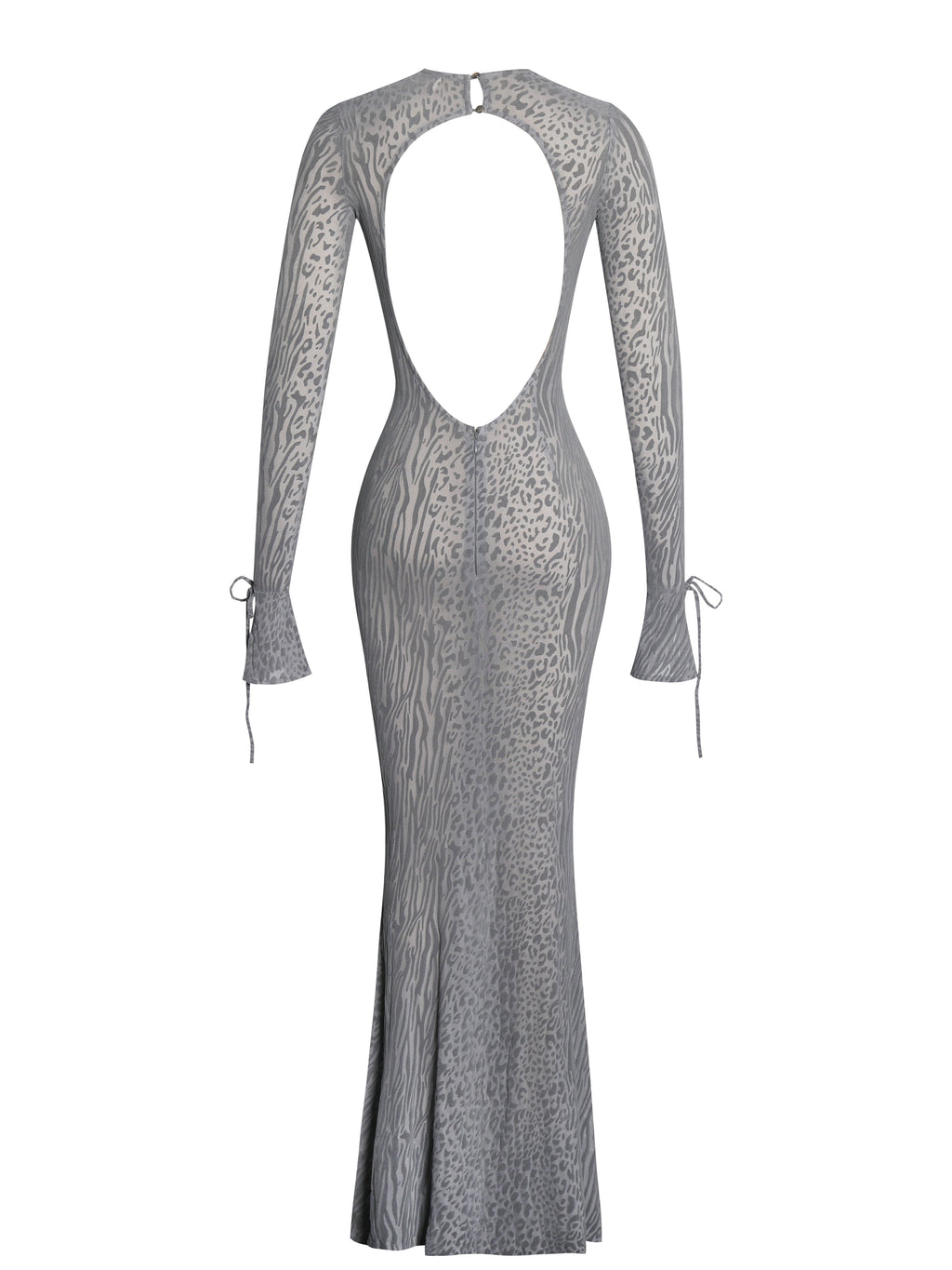 Waylynn Gray Animal Print Burnout Velvet Detail Mesh Backless Maxi Dress - HOUSE OF SHE