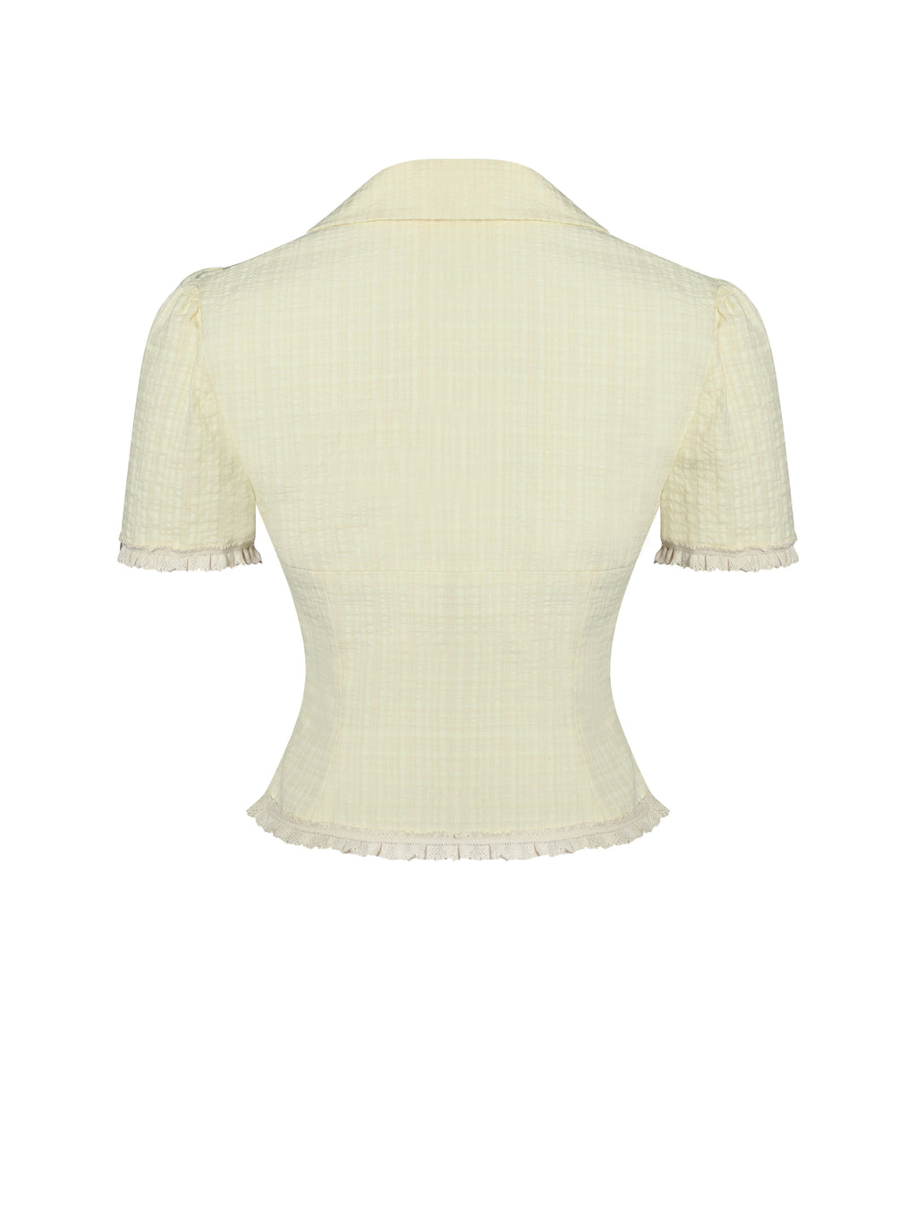 Odelia Yellow Lace Trim Seersucker Button Up Top - HOUSE OF SHE