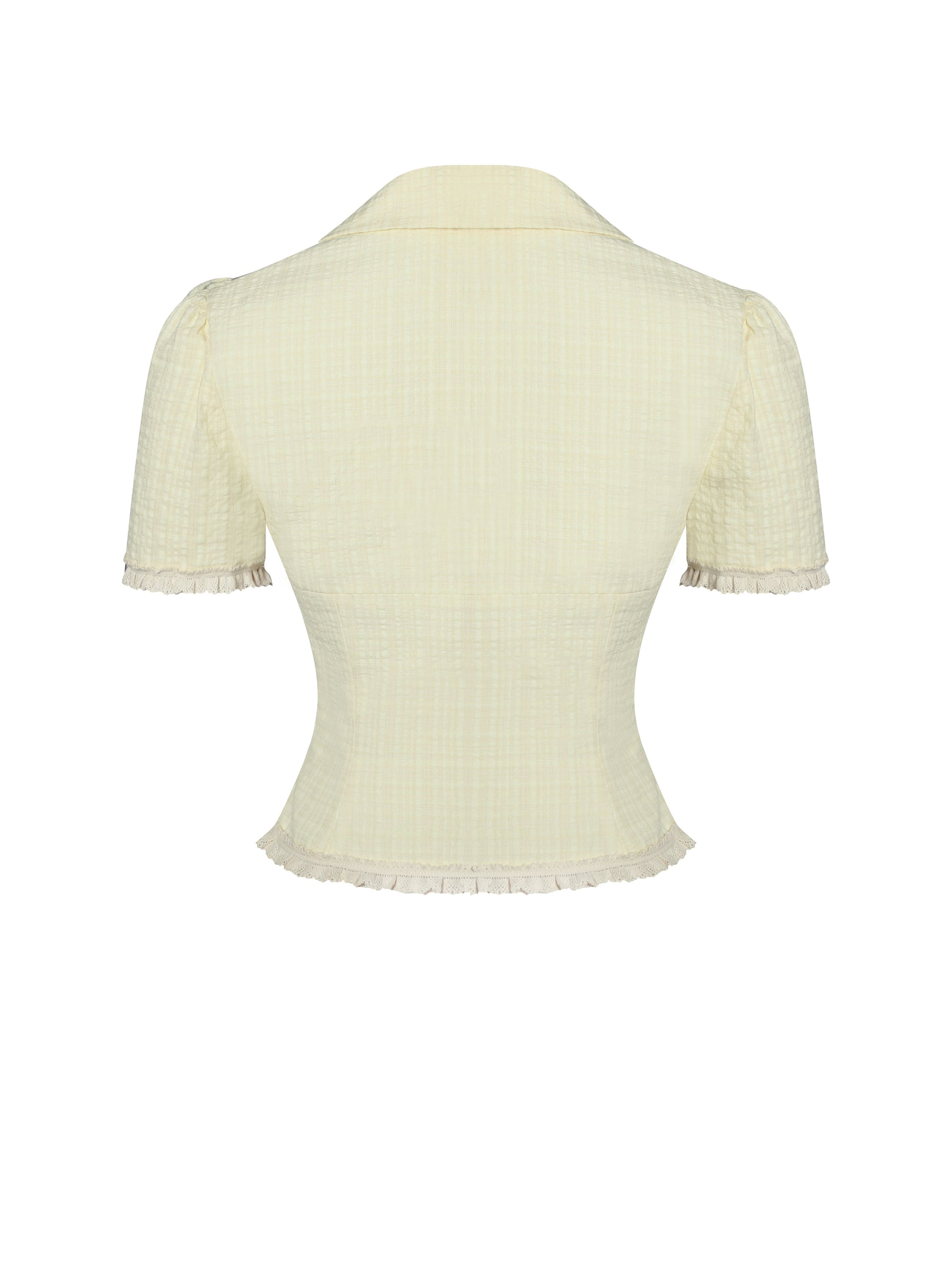 Odelia Yellow Lace Trim Seersucker Button Up Top - HOUSE OF SHE