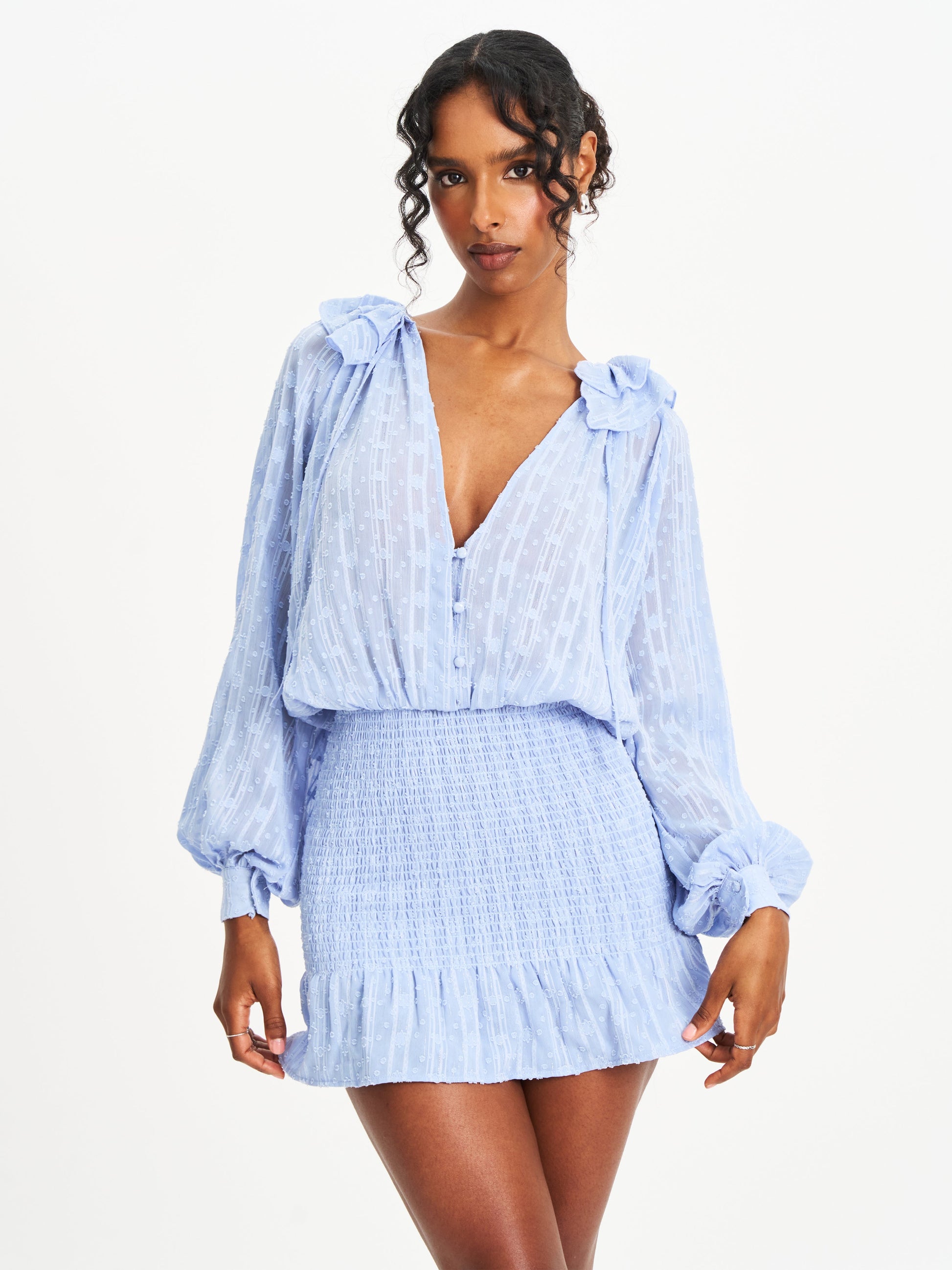 Zahari Blue Smock Bottom Balloon Sleeve Mini Dress - HOUSE OF SHE