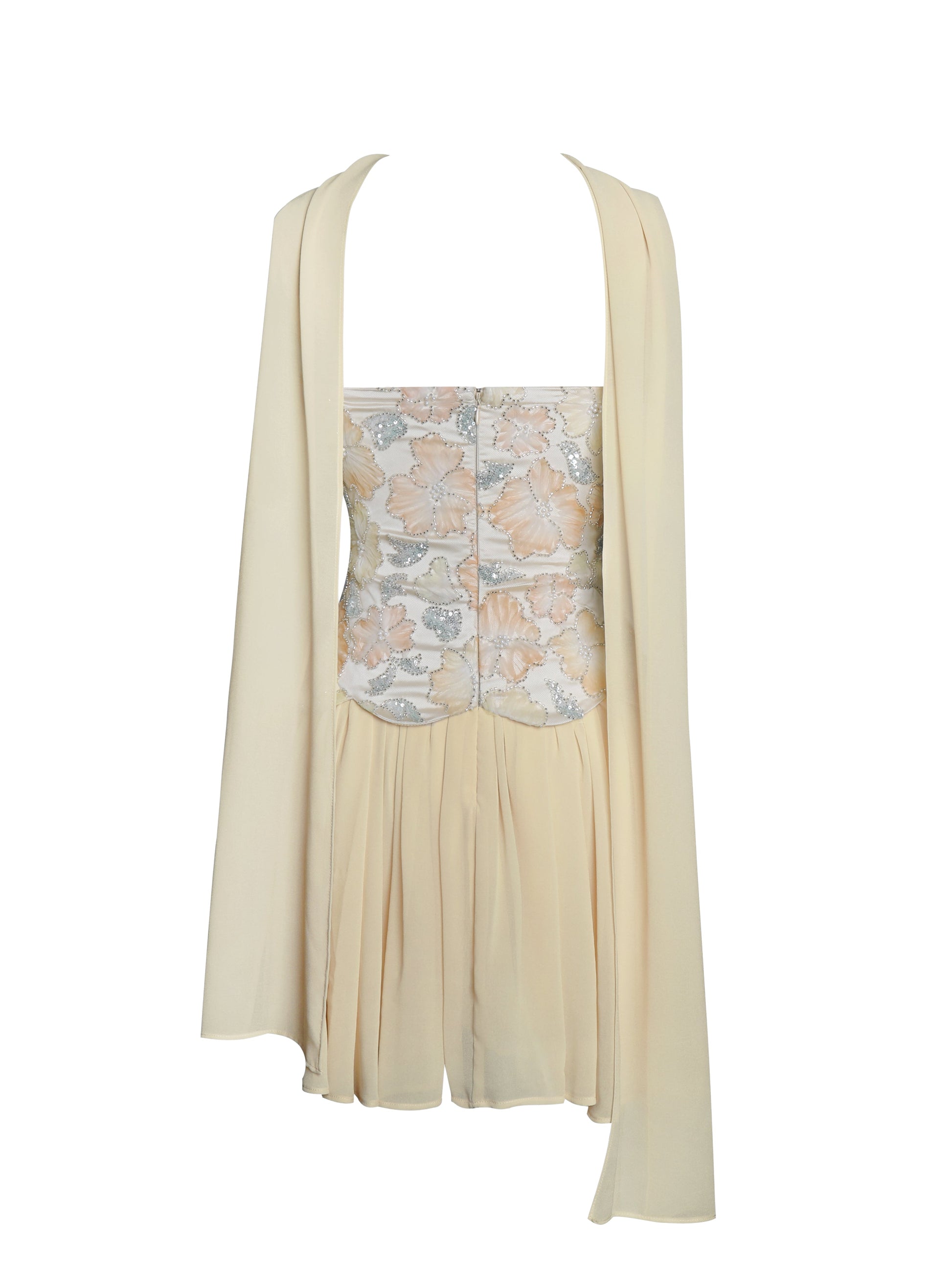Quanisha Yellow Beaded Floral Mini Chiffon Dress with Scarf - HOUSE OF SHE