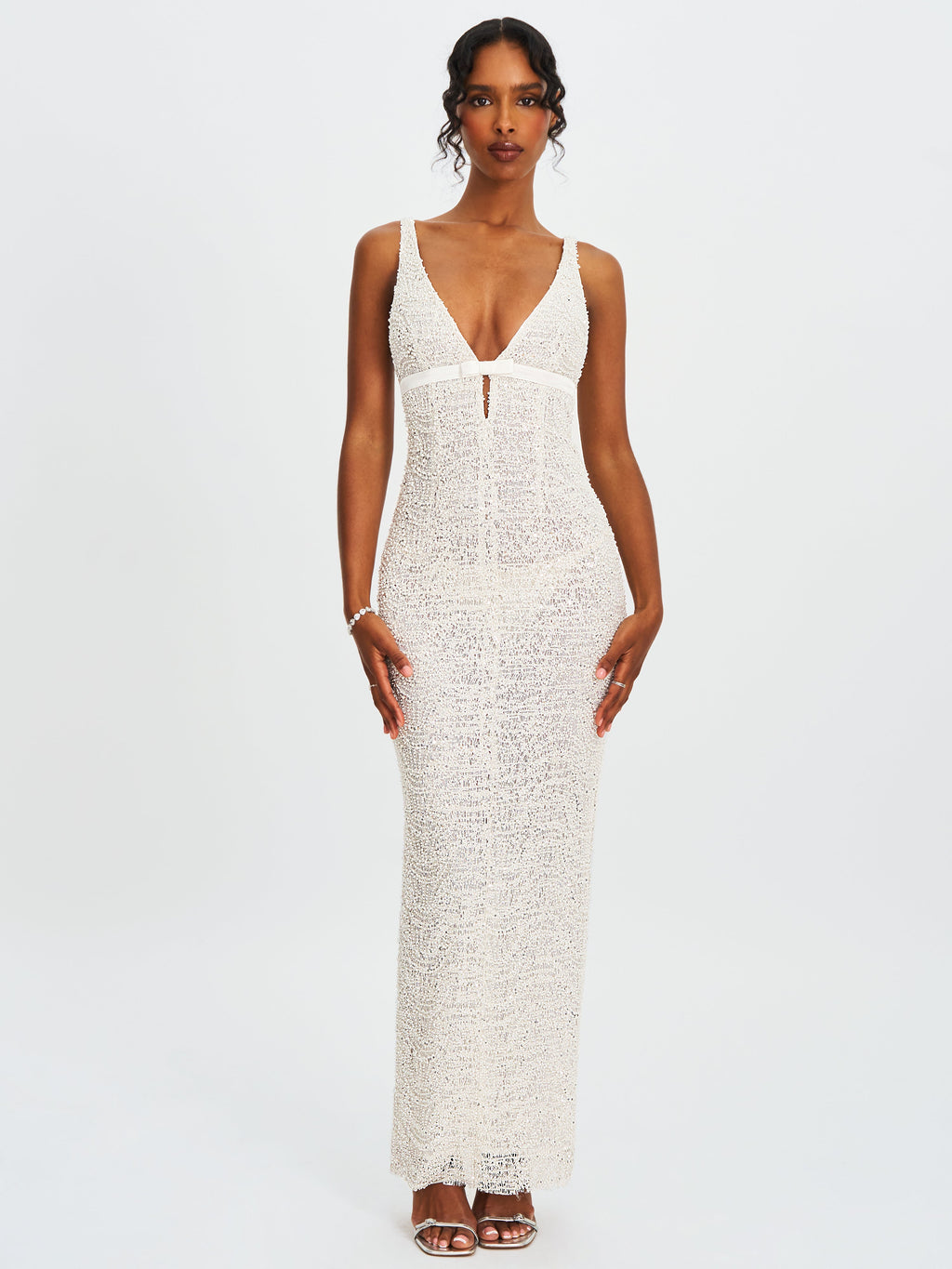 Adelaide White Beaded Sequin Net Bodycon Gown