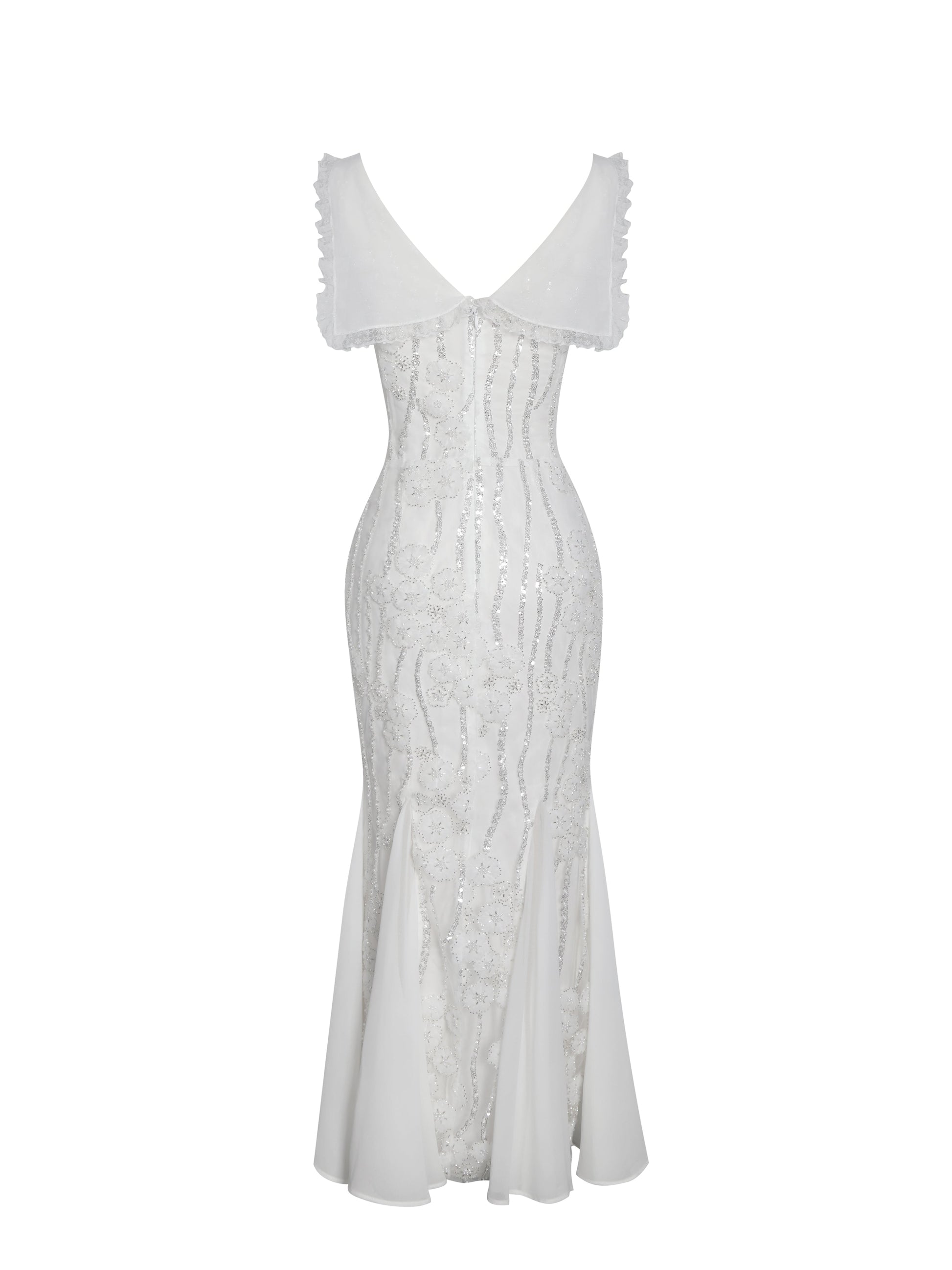 Paola White Peter Pan Collar Beaded Sequin Mermaid Midi Dress