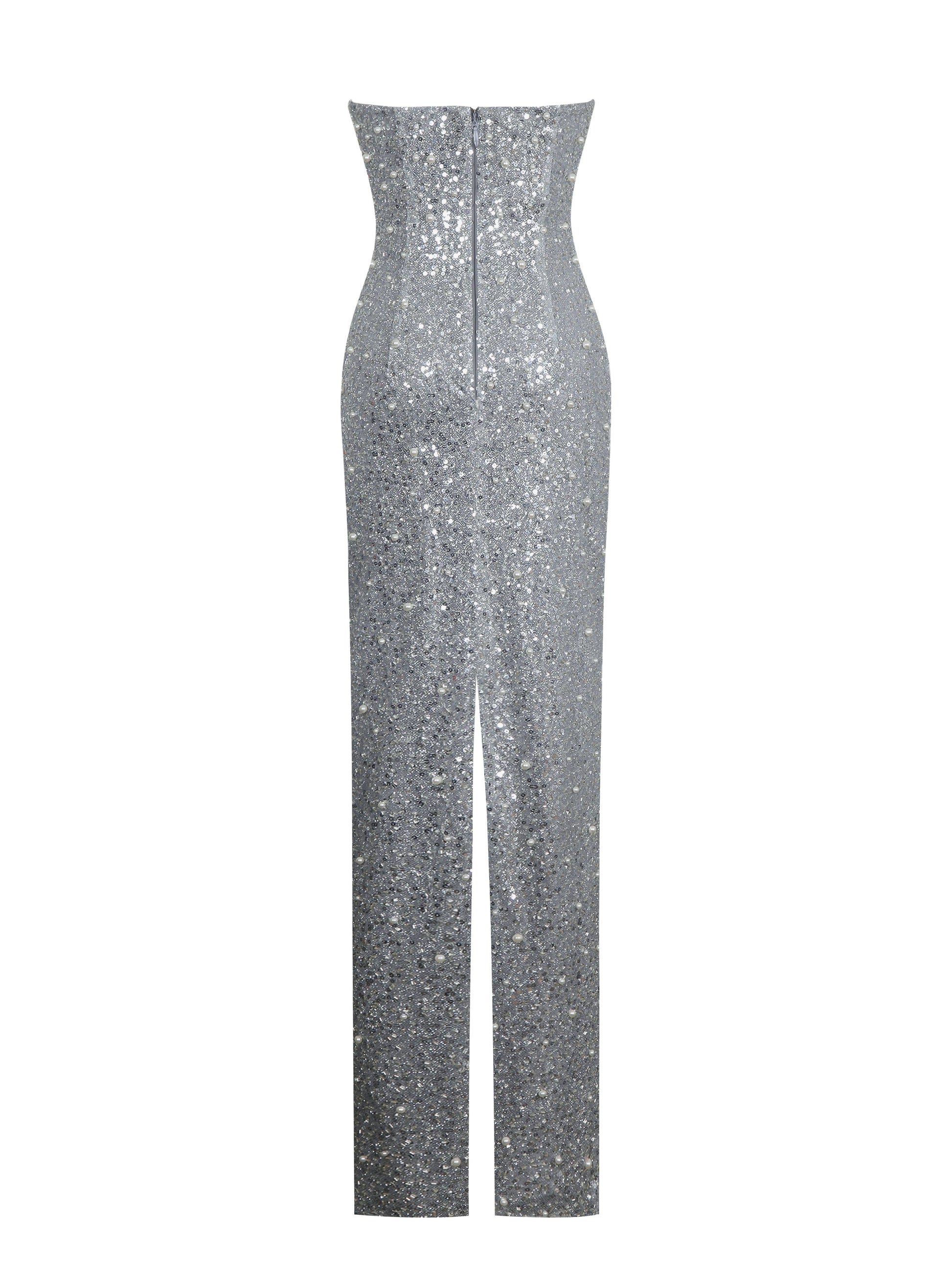 Noelle Silver Sequin Pearl-Embellished Sweetheart Maxi Dress