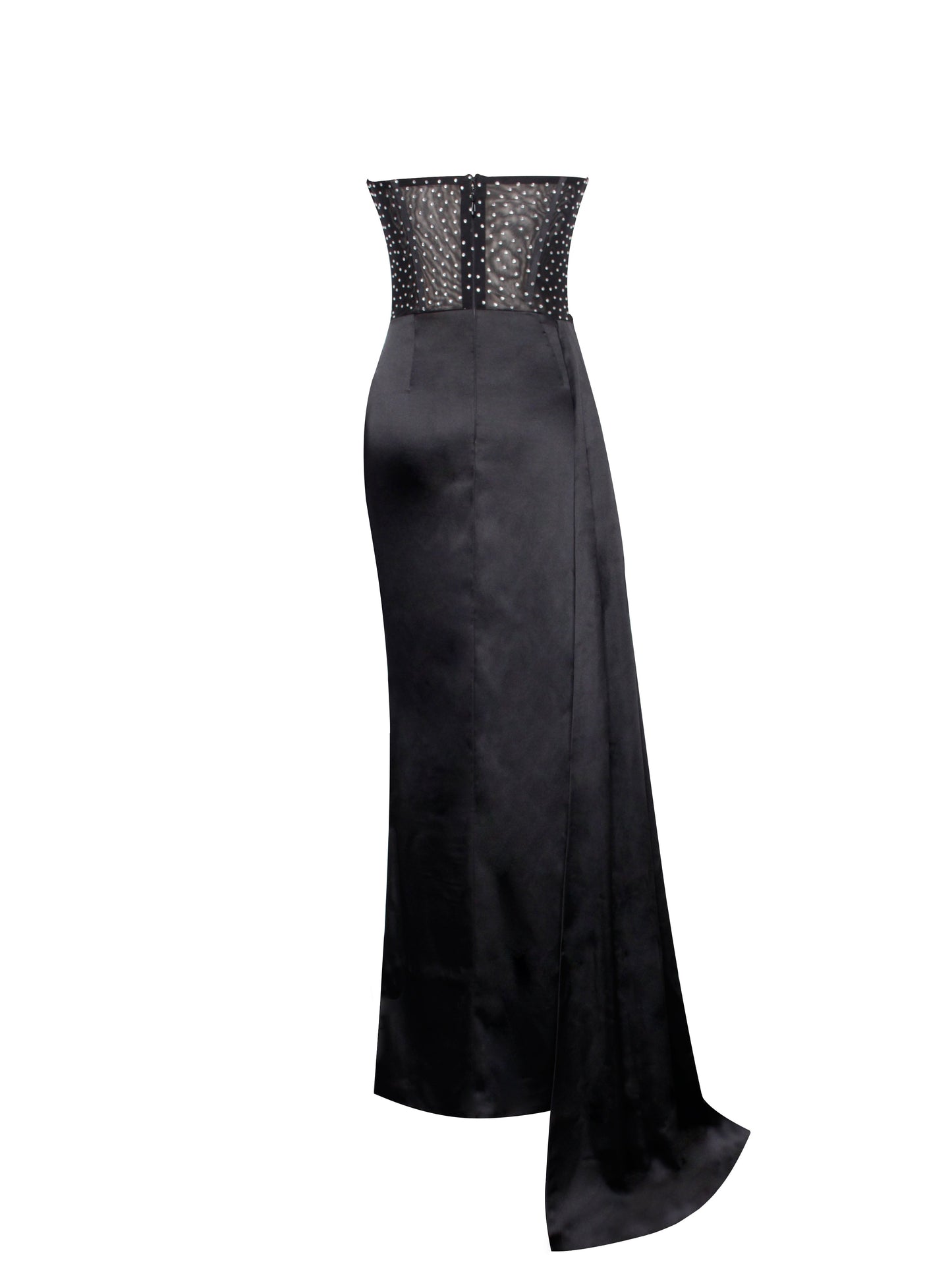 Holly Black Crystallized Corset High Slit Satin Gown  HOUSE OF SHE