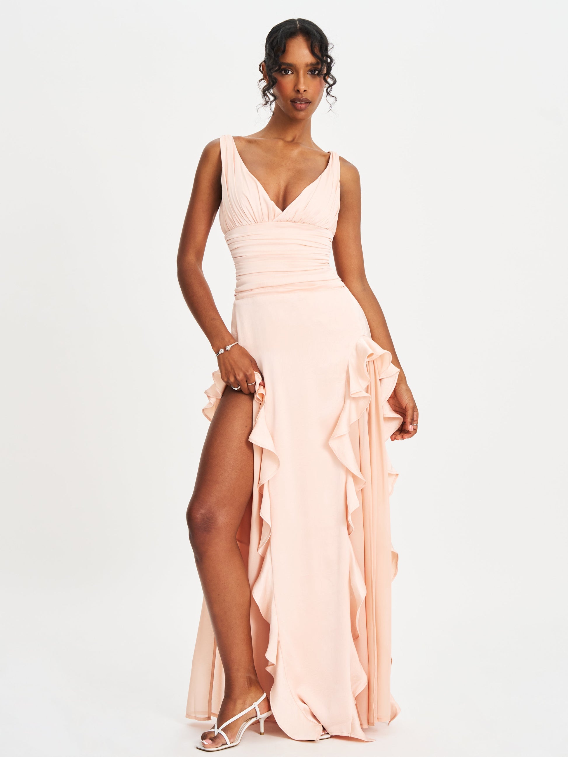 Talyssa Baby Pink Ruched Waist Double High Slit Maxi Gown - HOUSE OF SHE