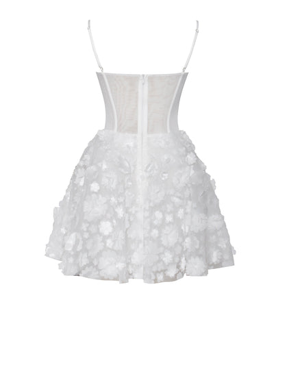 Pamila White Floral Mesh Puffy Mini Dress