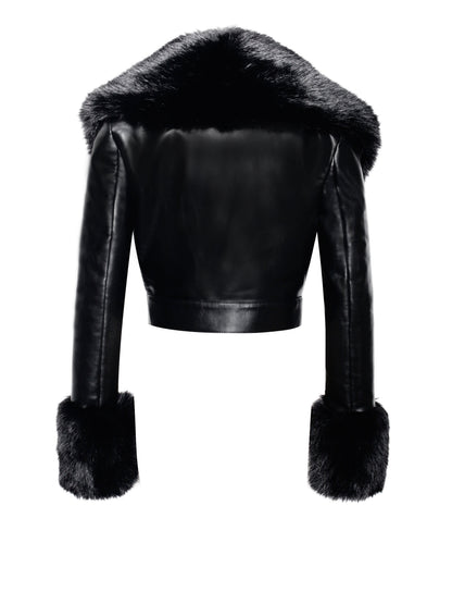 Ziah Cropped Leather Jacket with Fur Collar