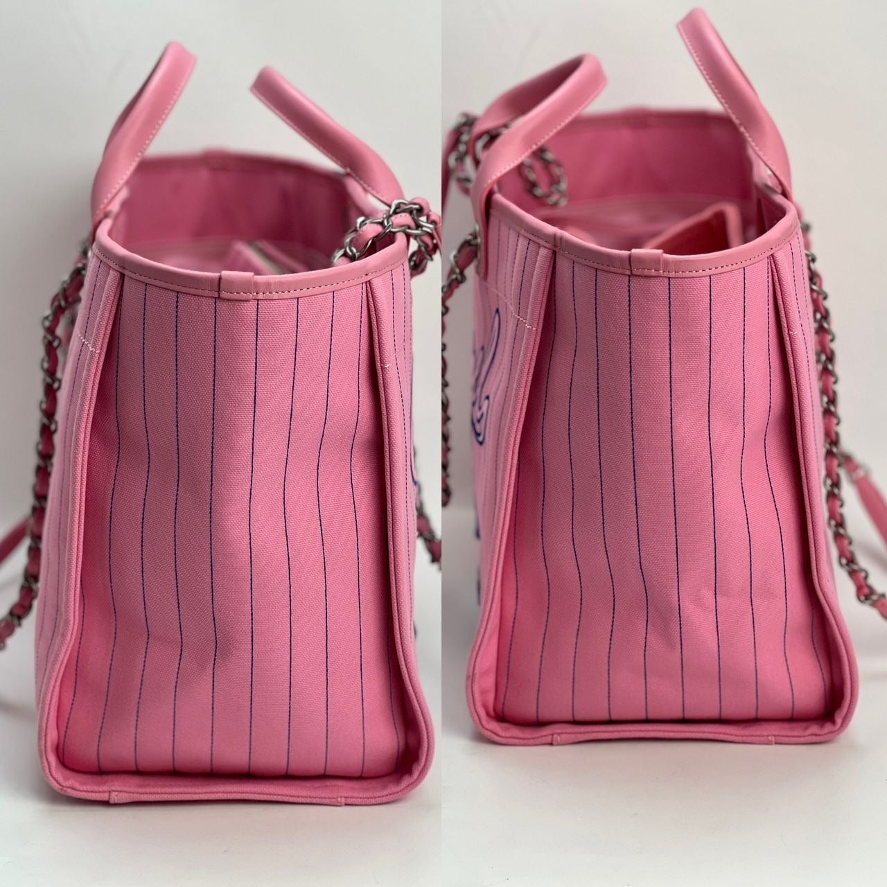 Chanel Canvas Calfskin Striped Medium Deauville Pink Tote - HOUSE OF SHE