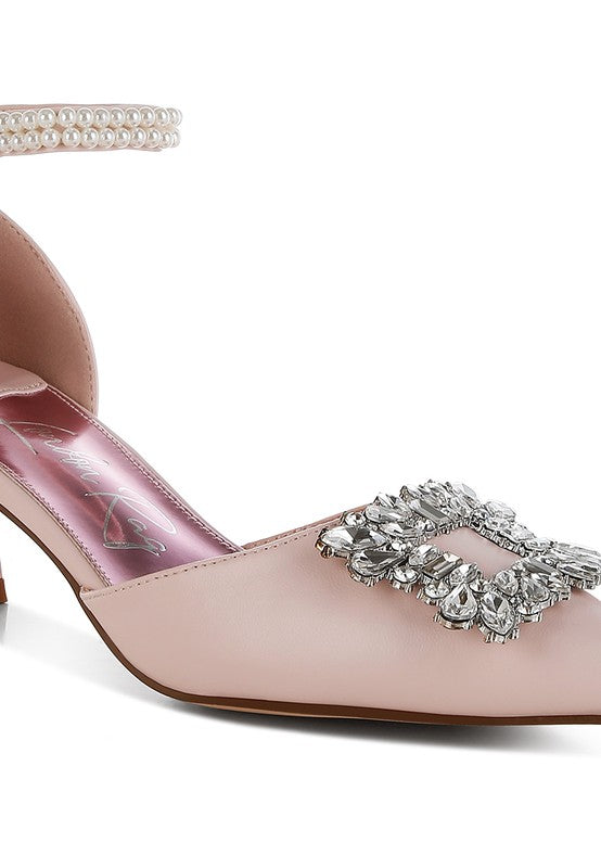 Onkana Diamante Brooch Kitten Heel Sandals - HOUSE OF SHE