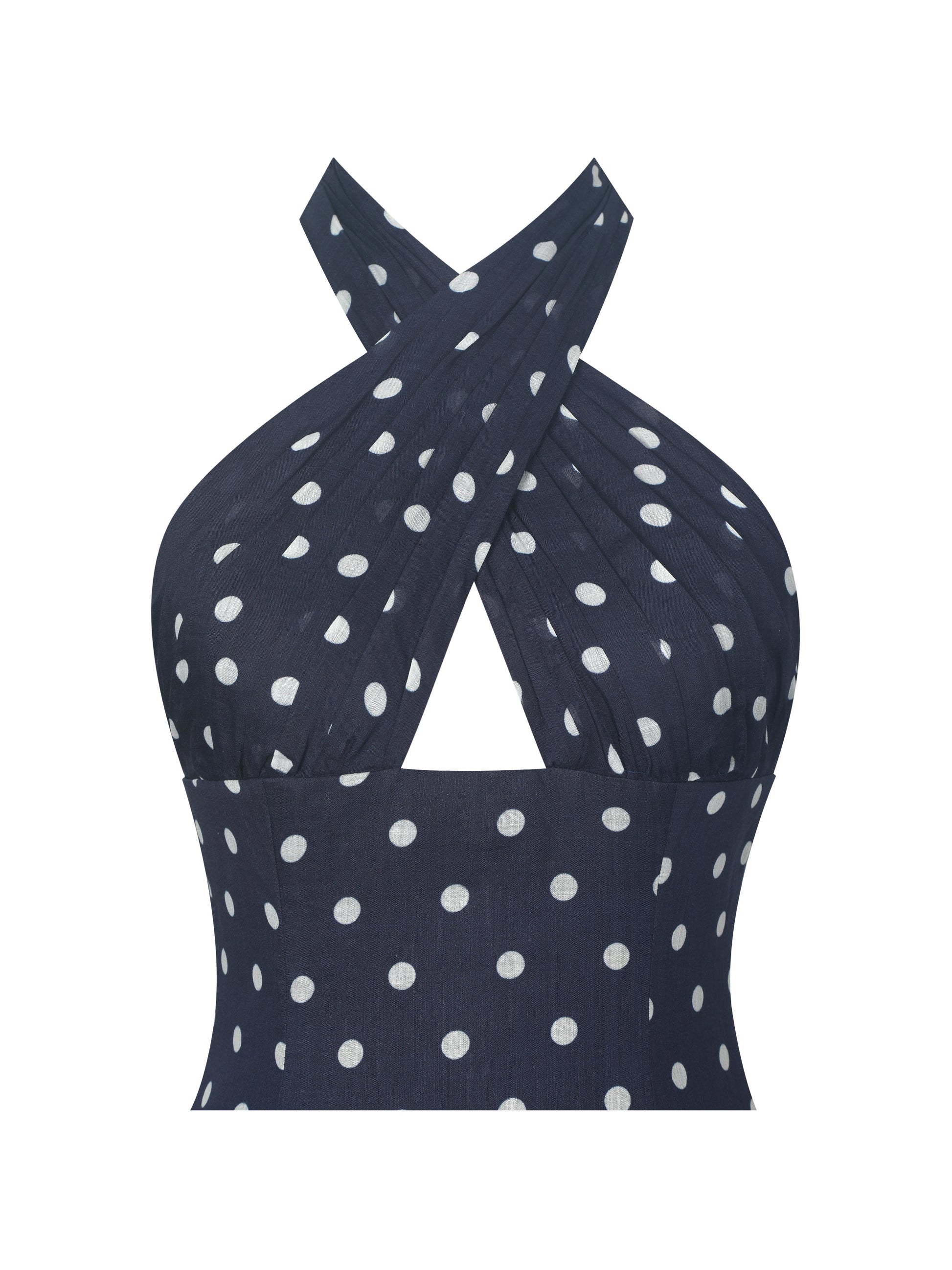 Yamina Navy Polka Dot Ramie Crossover Halter Gathered Mini Dress