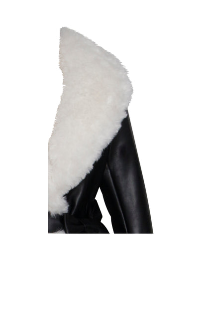 Zaida White Faux Fur Trim Black Vegan Leather Coat