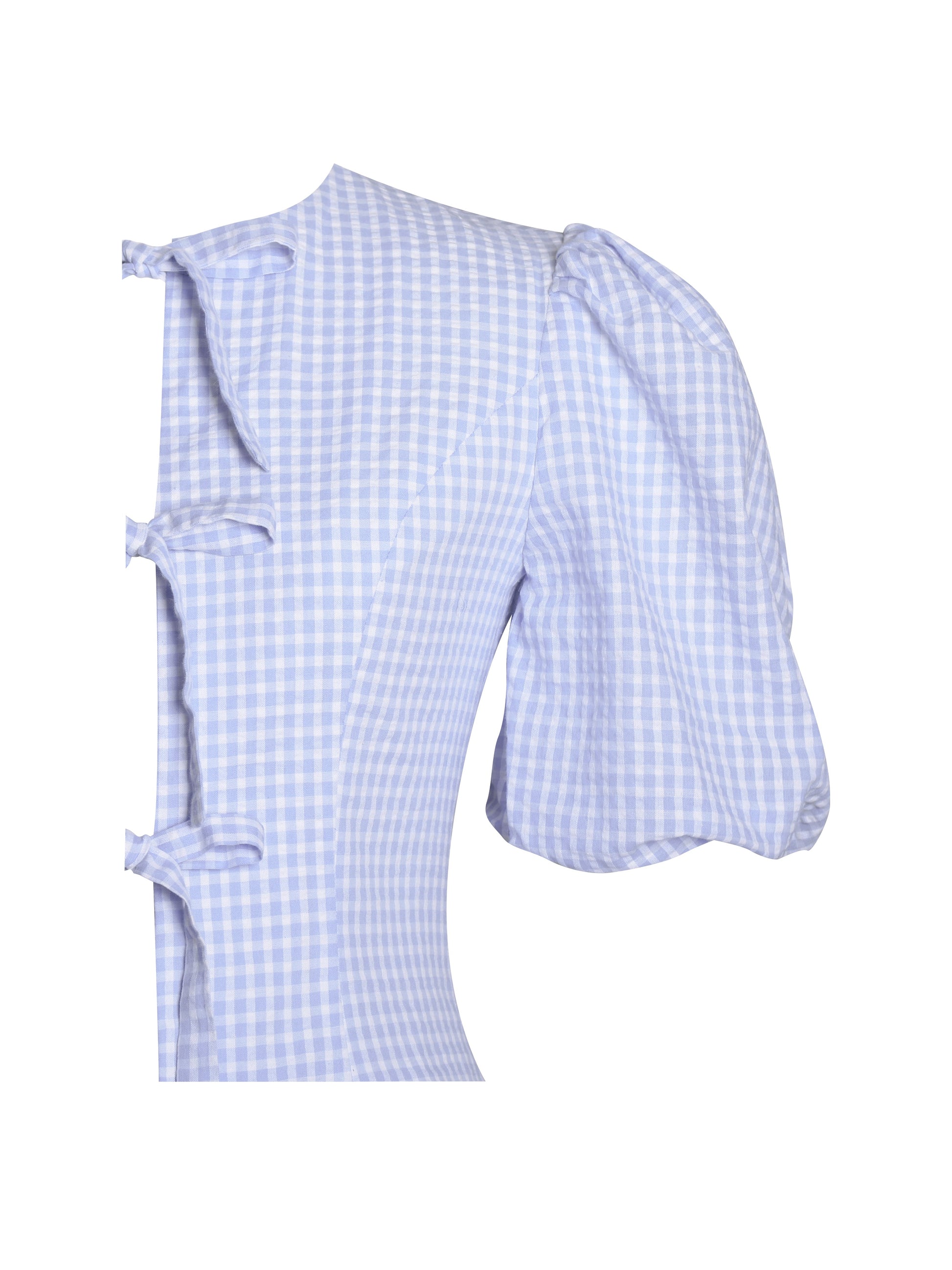 Qusayla Baby Blue Gingham Bubble Sleeve Bowtie Top - HOUSE OF SHE