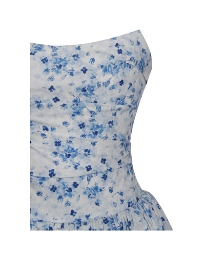 Paloma Blue Print Linen Corset Draping Top Midi Dress