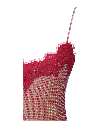 Remi Red Mesh Rhinestone Lace Mini Dress