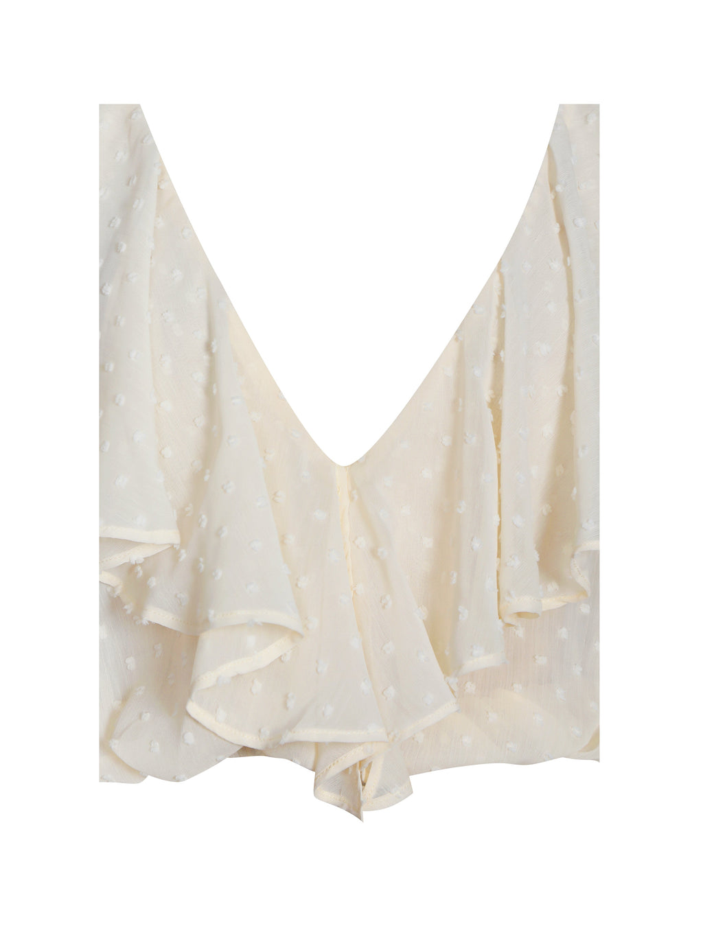 Magali Beige Dotted Mesh Ruffle V Collar Top - HOUSE OF SHE