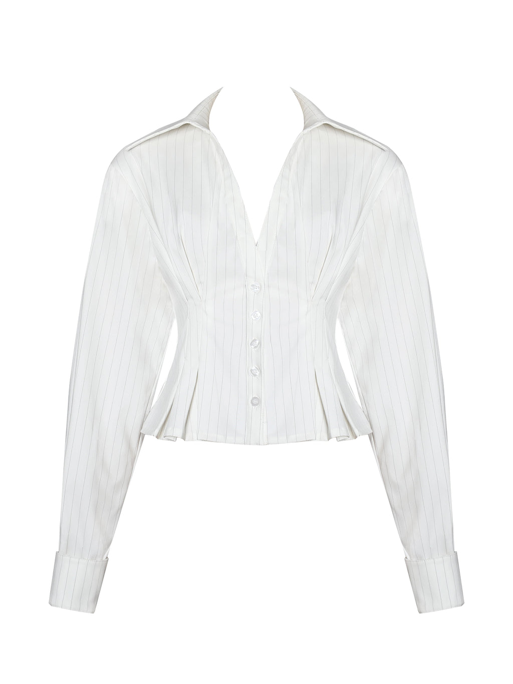 Sylvia White Pinstripe Deep V Pleated Shirt - HOUSE OF SHE
