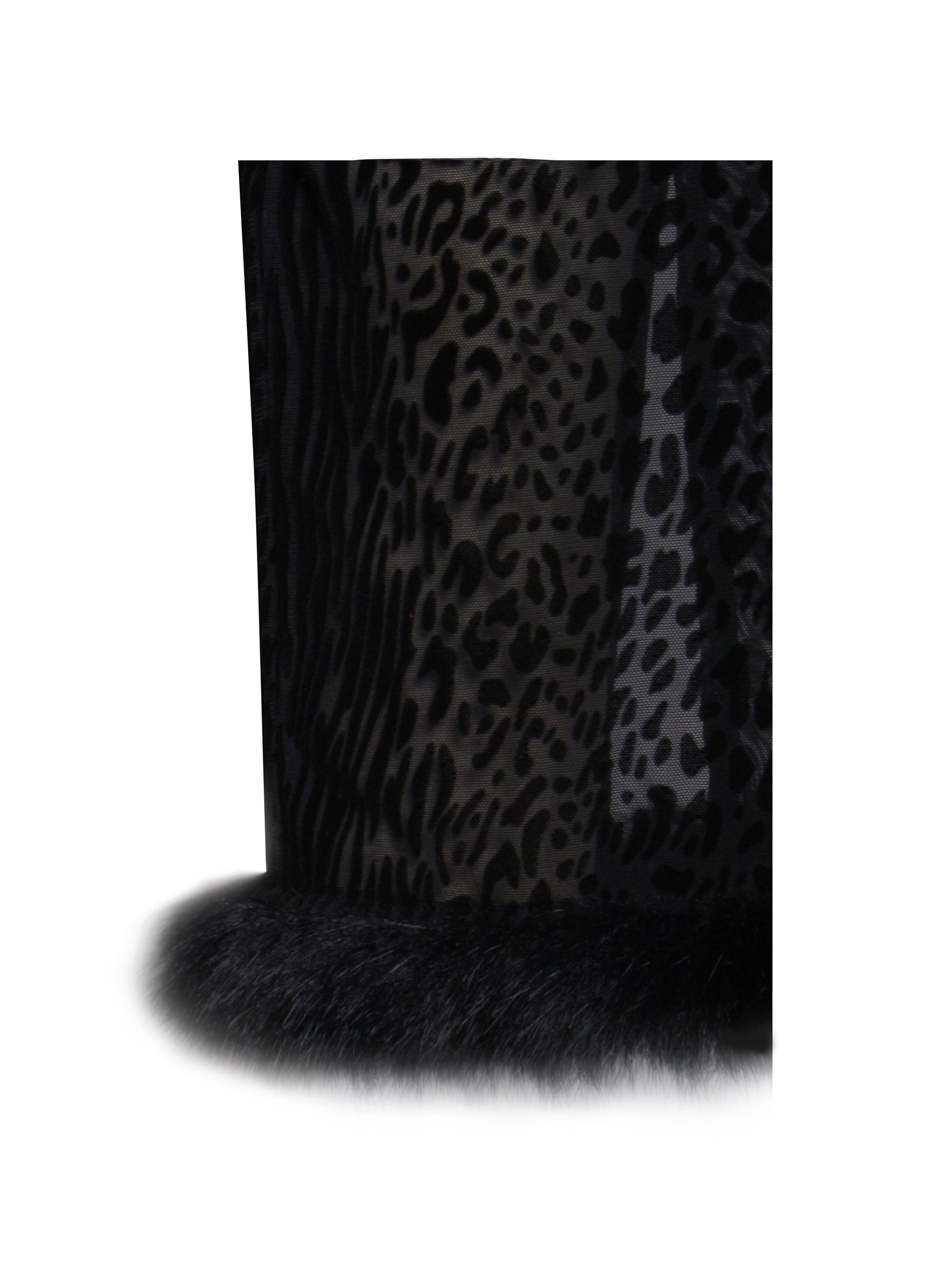 Halia Black Animal Print Burnout Velvet Fur Trim Skirt - HOUSE OF SHE