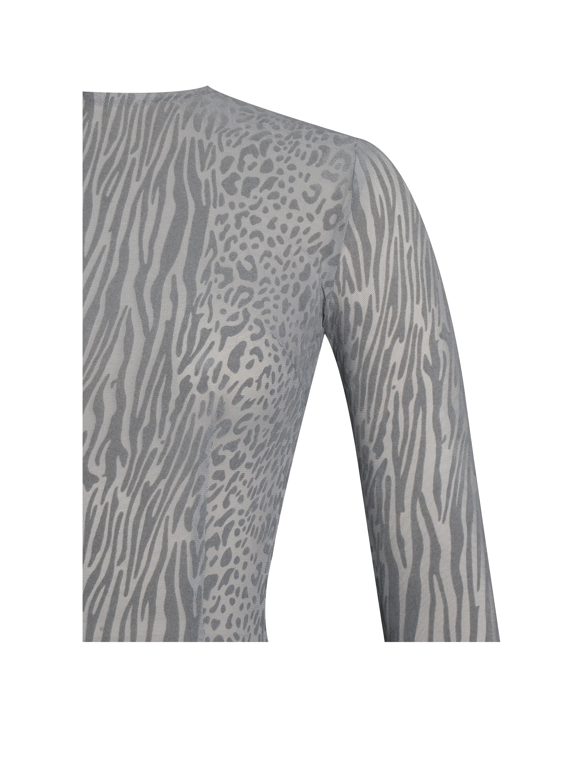 Waylynn Gray Animal Print Burnout Velvet Detail Mesh Backless Maxi Dress - HOUSE OF SHE