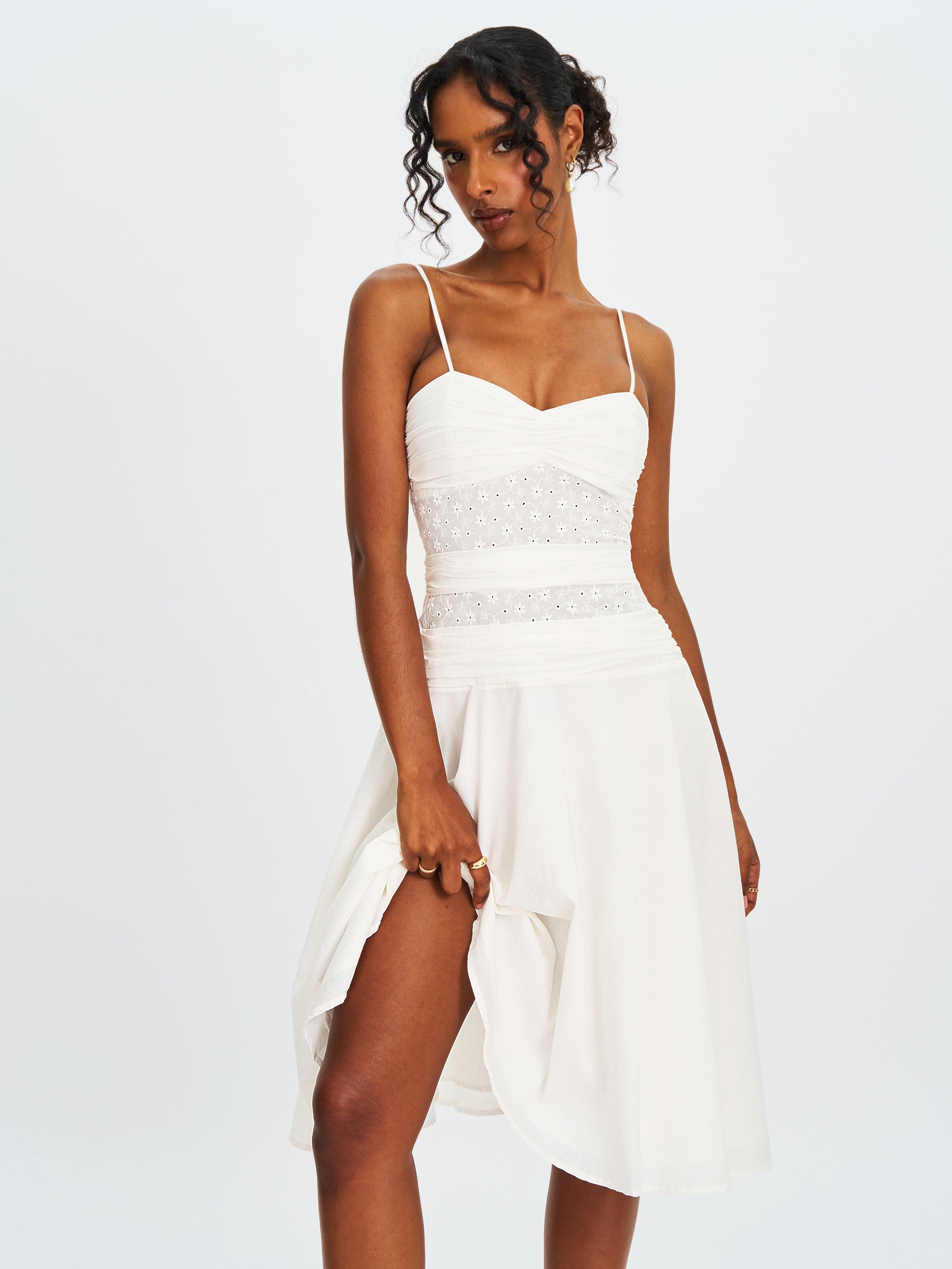 Maelis White Eyelet Drop Waist Cotton Midi Dress - HOUSE OF SHE