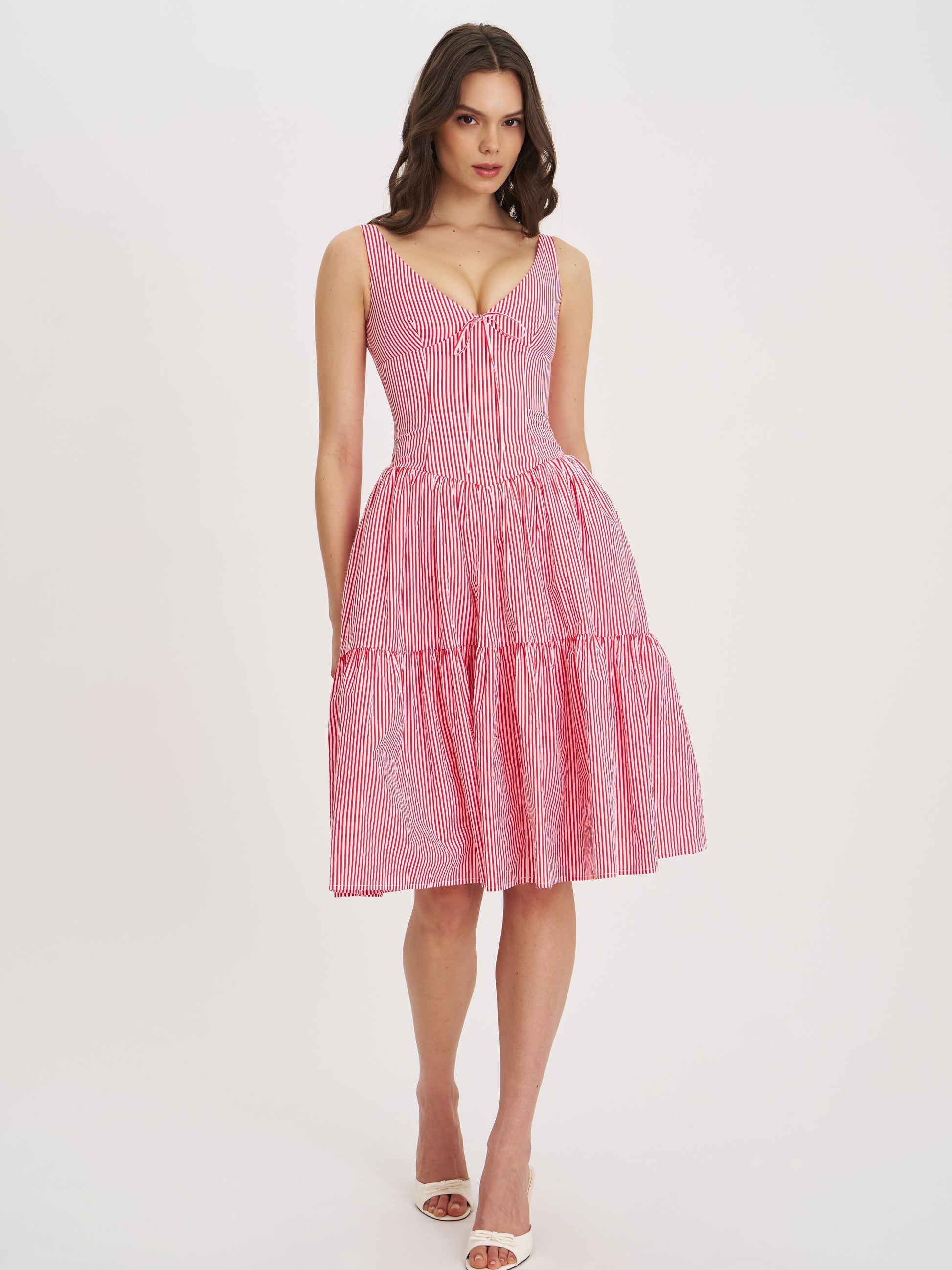 Oceana Red Candy Stripe Drop Waist Midi Dress - HOUSE OF SHE