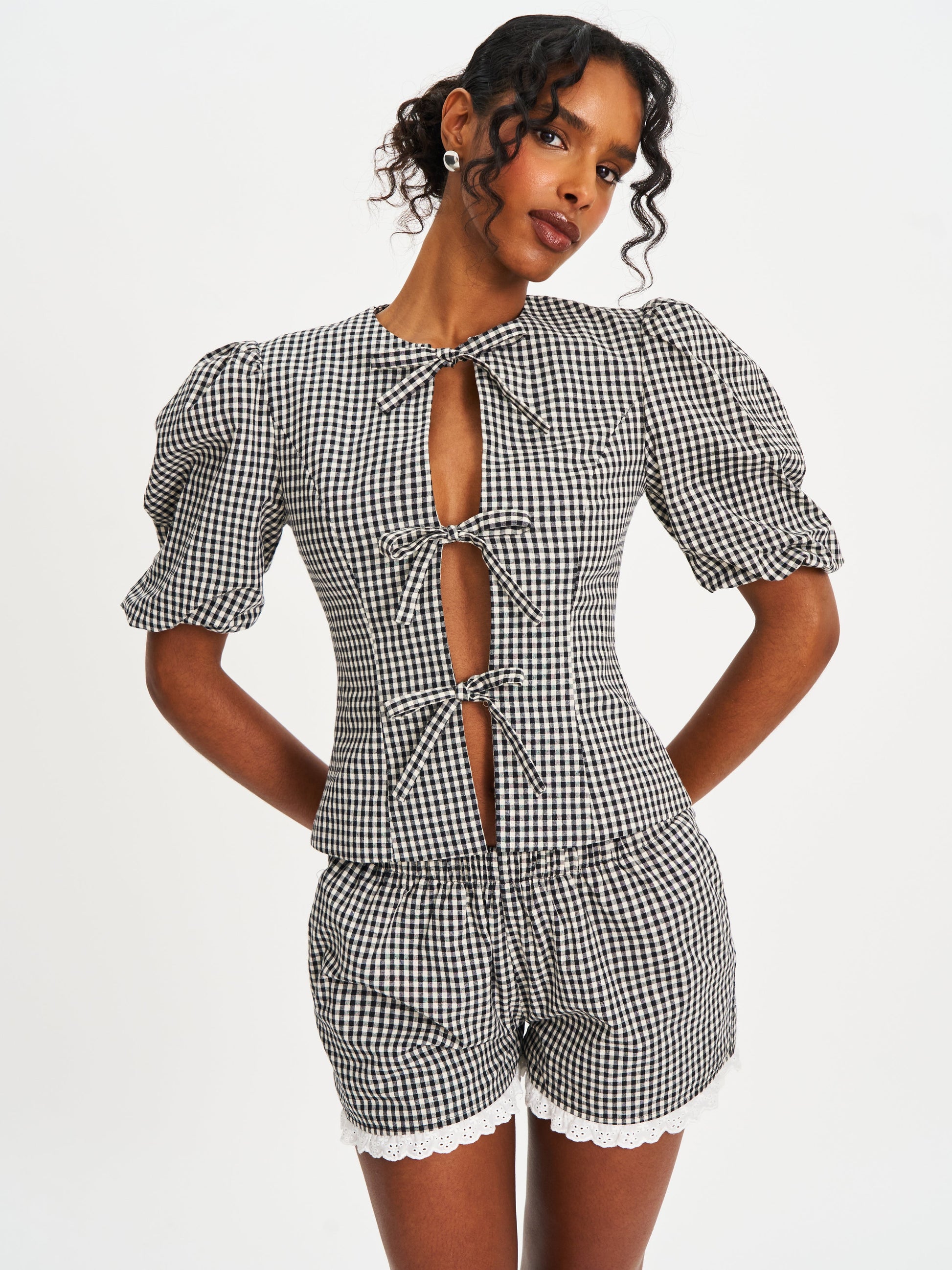 Qutayla Black Gingham Lace Trim Shorts - HOUSE OF SHE