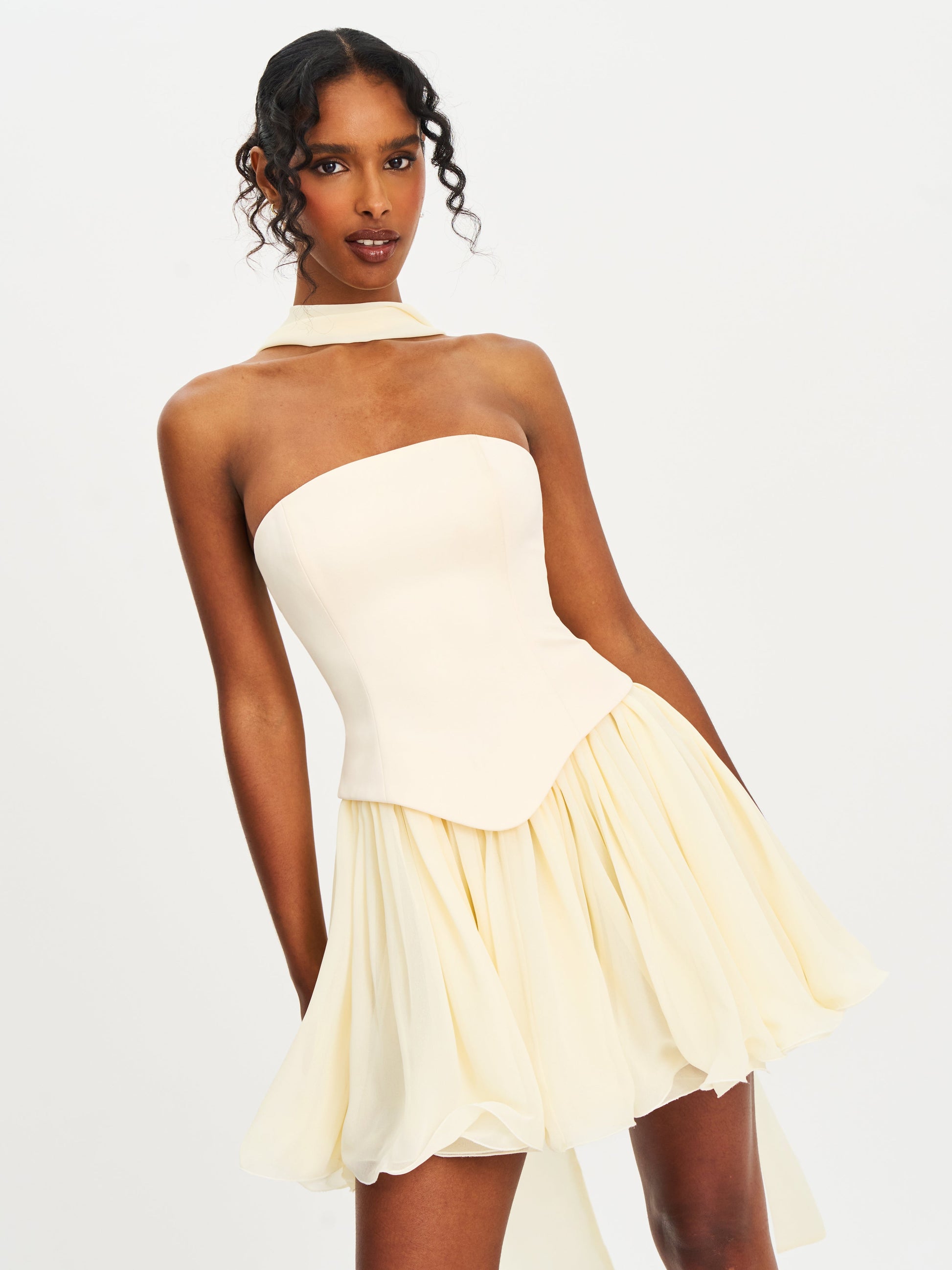 Valentina Butter Yellow Boned Curve Edge Peplum Mini Dress - HOUSE OF SHE
