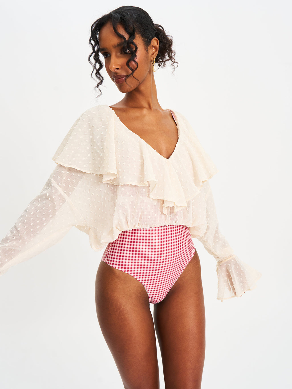 Magali Beige Dotted Mesh Ruffle V Collar Top - HOUSE OF SHE