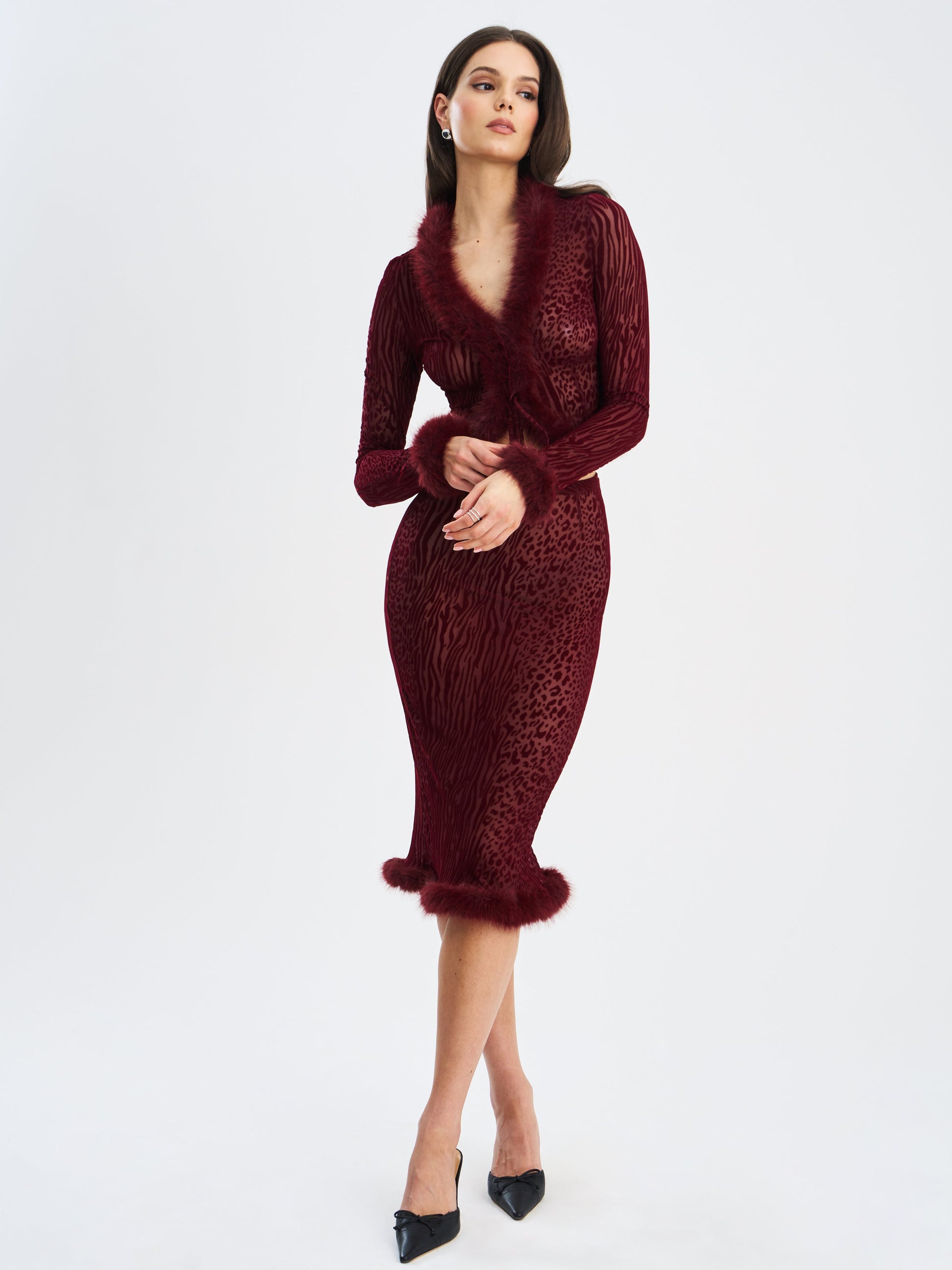 Hali Burgundy Animal Print Burnout Velvet Fur Trim Top - HOUSE OF SHE